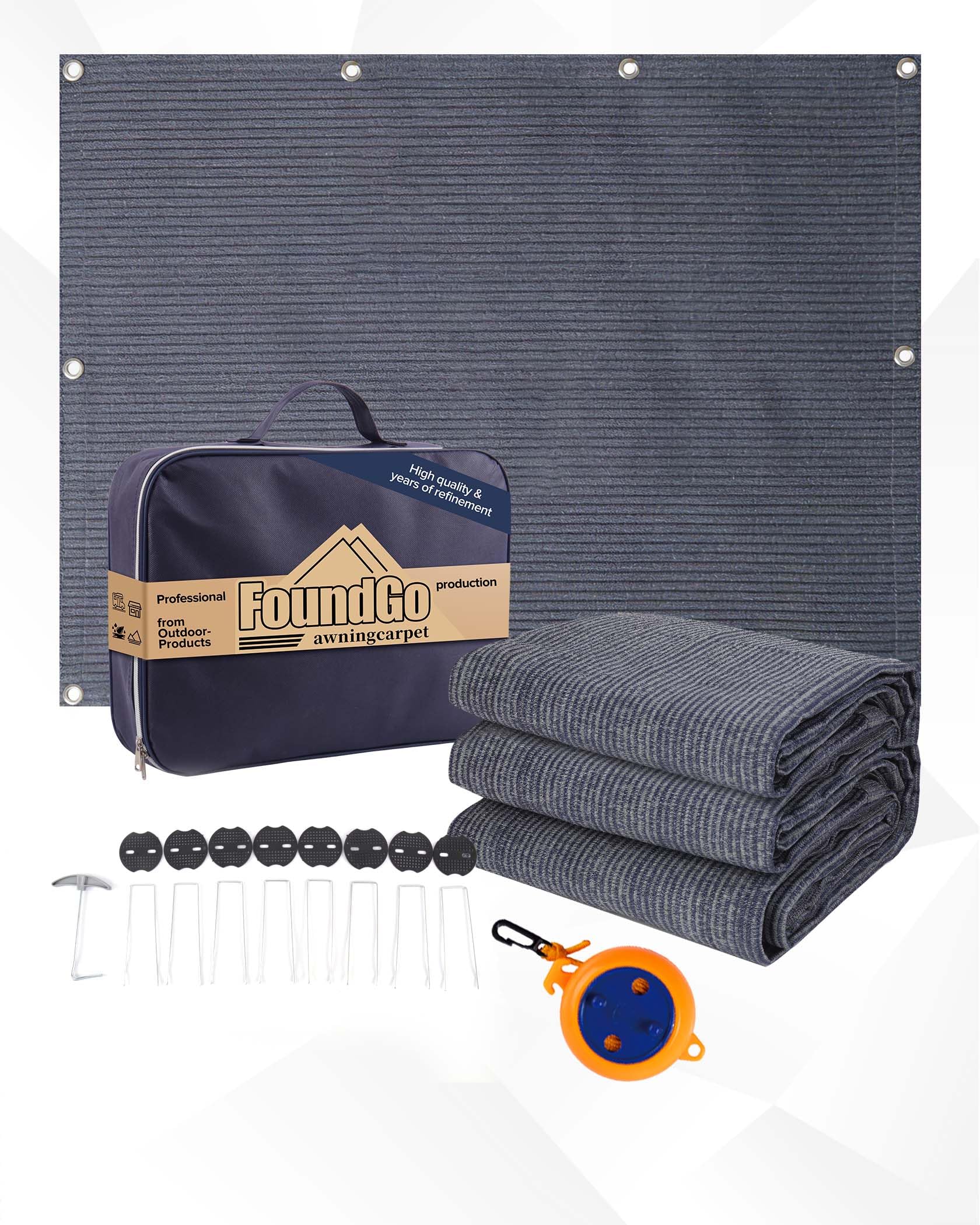 FoundGo Awning Carpet with Eyelets [280g/m² HDPE] 300x600cm Outdoor Camping Carpet Breathable Awning Flooring including Carrying Bag 8x pegs & Clothesline Blue/Grey