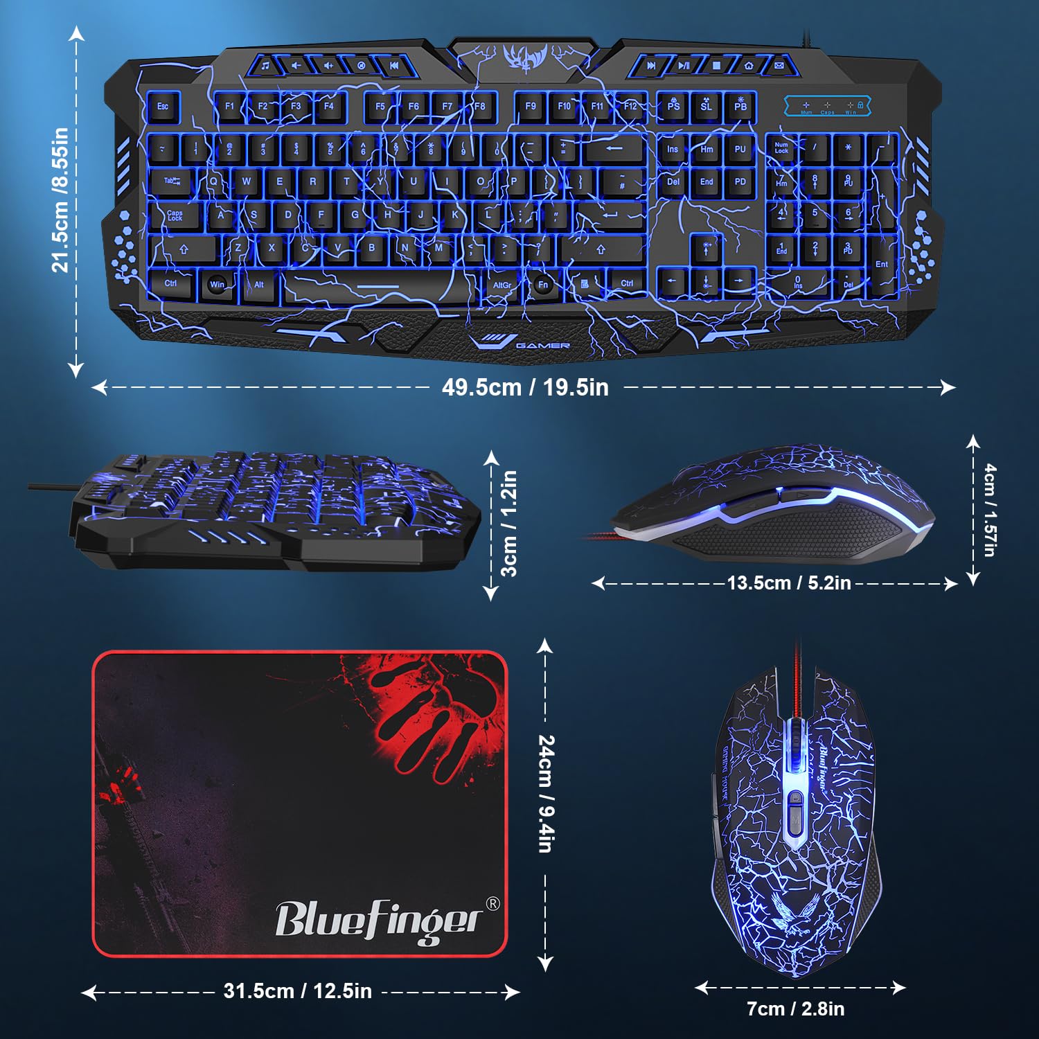BlueFinger Tastiera e mouse da gioco con cavo USB, con retroilluminazione e tastiera combinata, lettere bagliore, retroilluminate a 3 colori, tastiera e mouse per gioco e lavoro