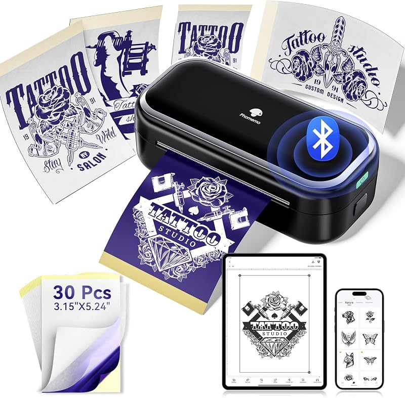 Impressora de estêncil para tatuagem Phomemo TP31 M03, Bluetooth, preta, com 30 folhas de transferência térmica