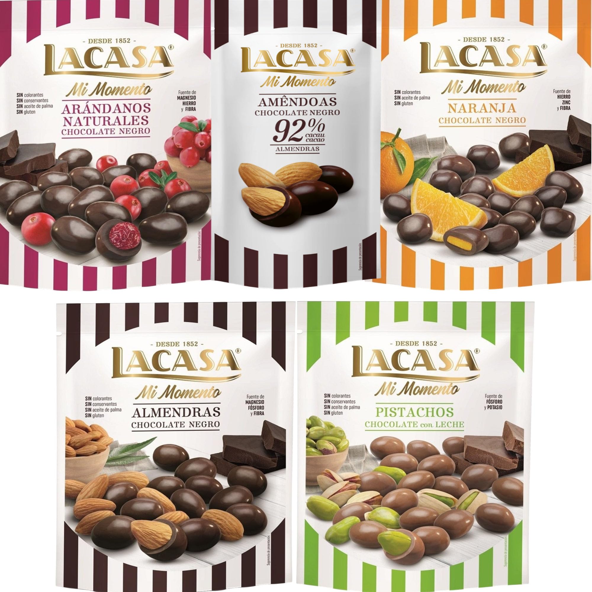 Lacasa Mi Momento pack de 5:Almendra 92% 65G,Arándano Negro,Almendra Negro,Naranja Negro,Pistacho Leche 100G