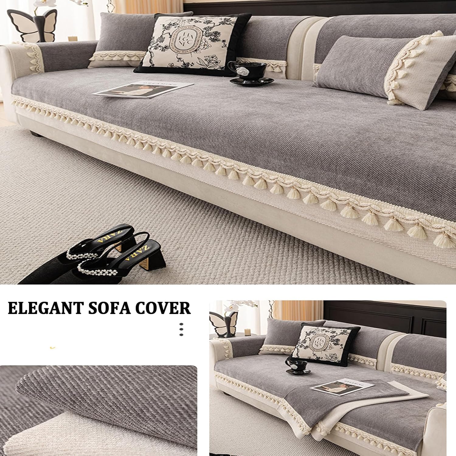 Couch Cover with Chaise Lounge 3 Seat, Non Slip Sofa Covers for Sectional Sofa Set with Tassel Decorations Khaki 110x160