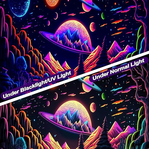 Miniatura 3 de Tapiz de galaxia con luz negra para dormitorio, tapiz de bosque de montaña con luz negra, tapices reactivos a los rayos UV, tapiz para colgar en la