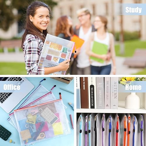 Miniatura 7 de EOOUT 28 bolsas de malla con cremallera, tamaño A3, bolsas con cremallera de 14 colores para organizar el almacenamiento, bolsa impermeable para