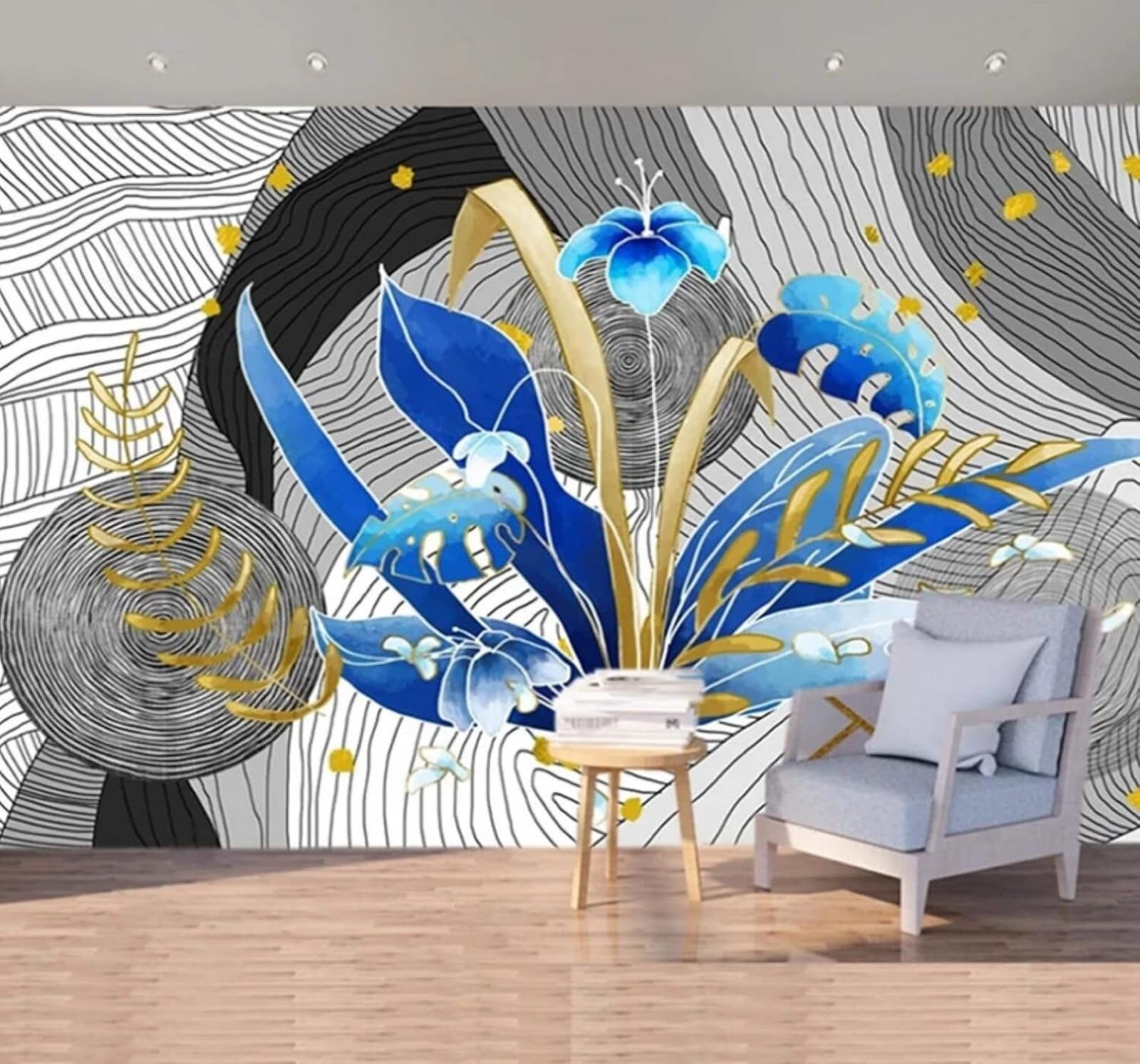 Papier peint intissé bleu plantes salon TV chambre 430x300cm
