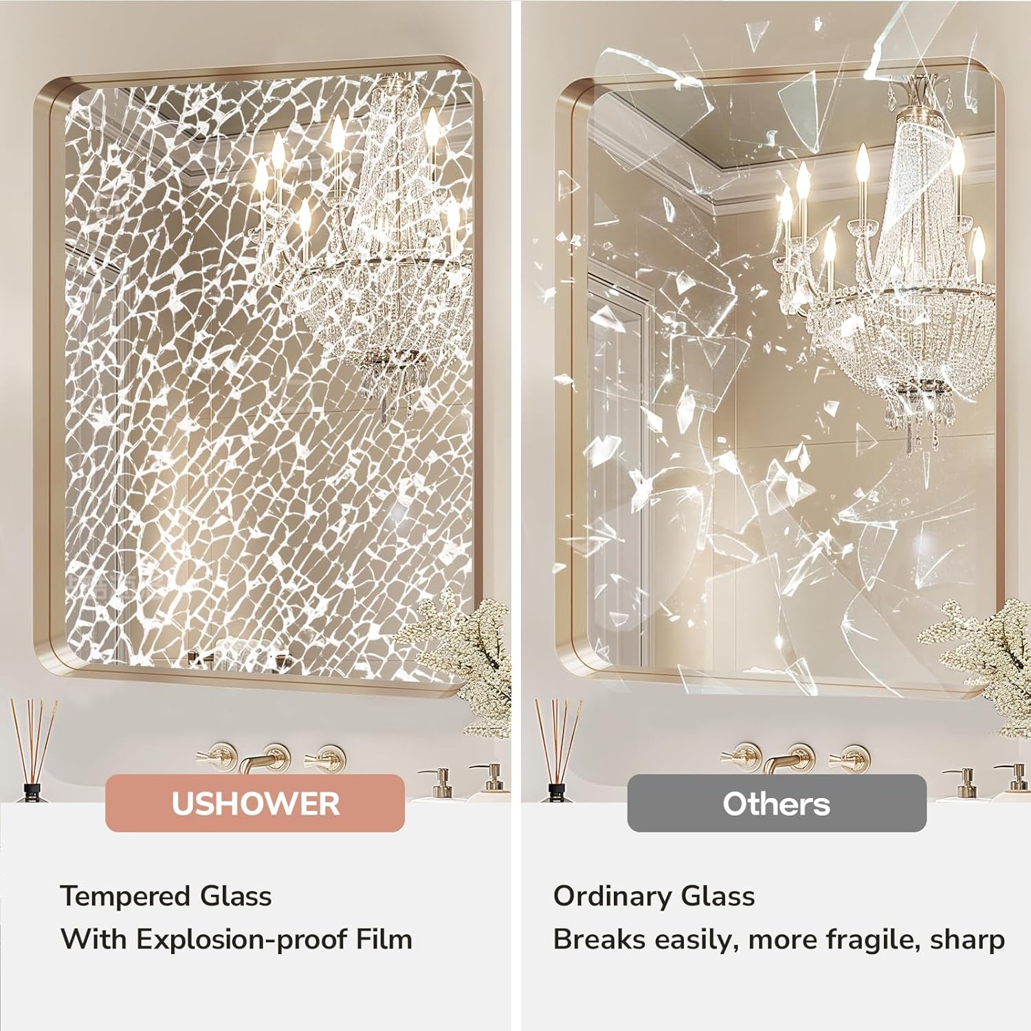 USHOWER Gold Bathroom Mirrors 24"x36" 2 Pack, Brushed Gold Rectangle Mirrors for Over Sink, Rounded Corner, Aluminum Frame, Anti-Rust, Tempered Glass, Horizontal or Vertical Mounted - Image 4