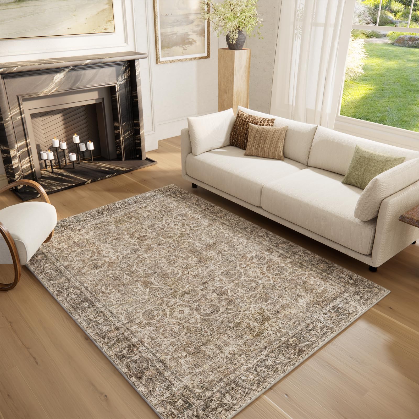 NoiFamo Washable Area Rugs 5'x7' Non-Slip Vintage Boho Distressed Fade Resistant Low Pile Carpet for High-Traffic Living Room, Bedroom & Dining Room