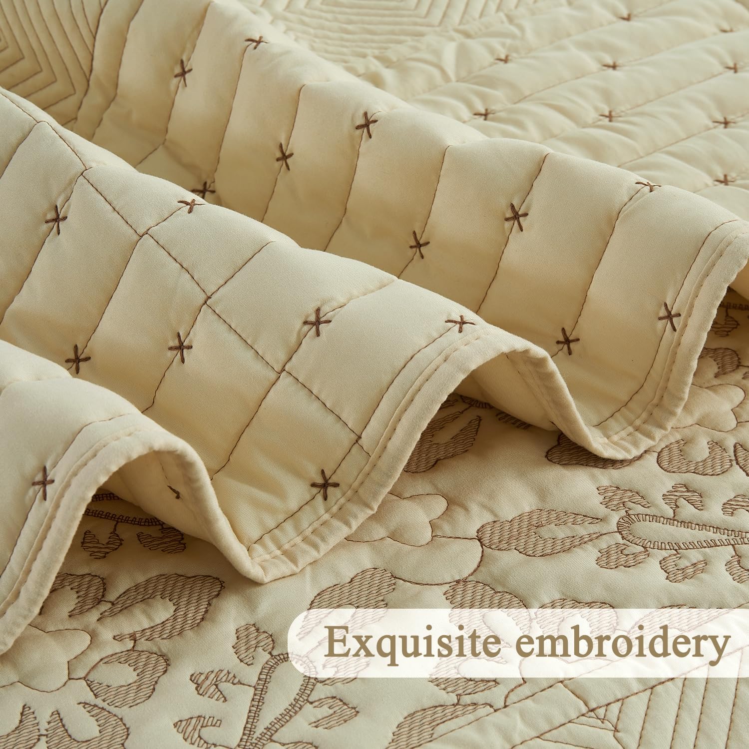 EVENHUG Floral Embroidered Quilt Set Queen Size 3 Piece Bedding Set Reversible Farmhouse Bedspread Coverlet with 2 Pillow Shams Lightweight Soft Bed Cover for All Season(92"X 96",Beige) - Image 8