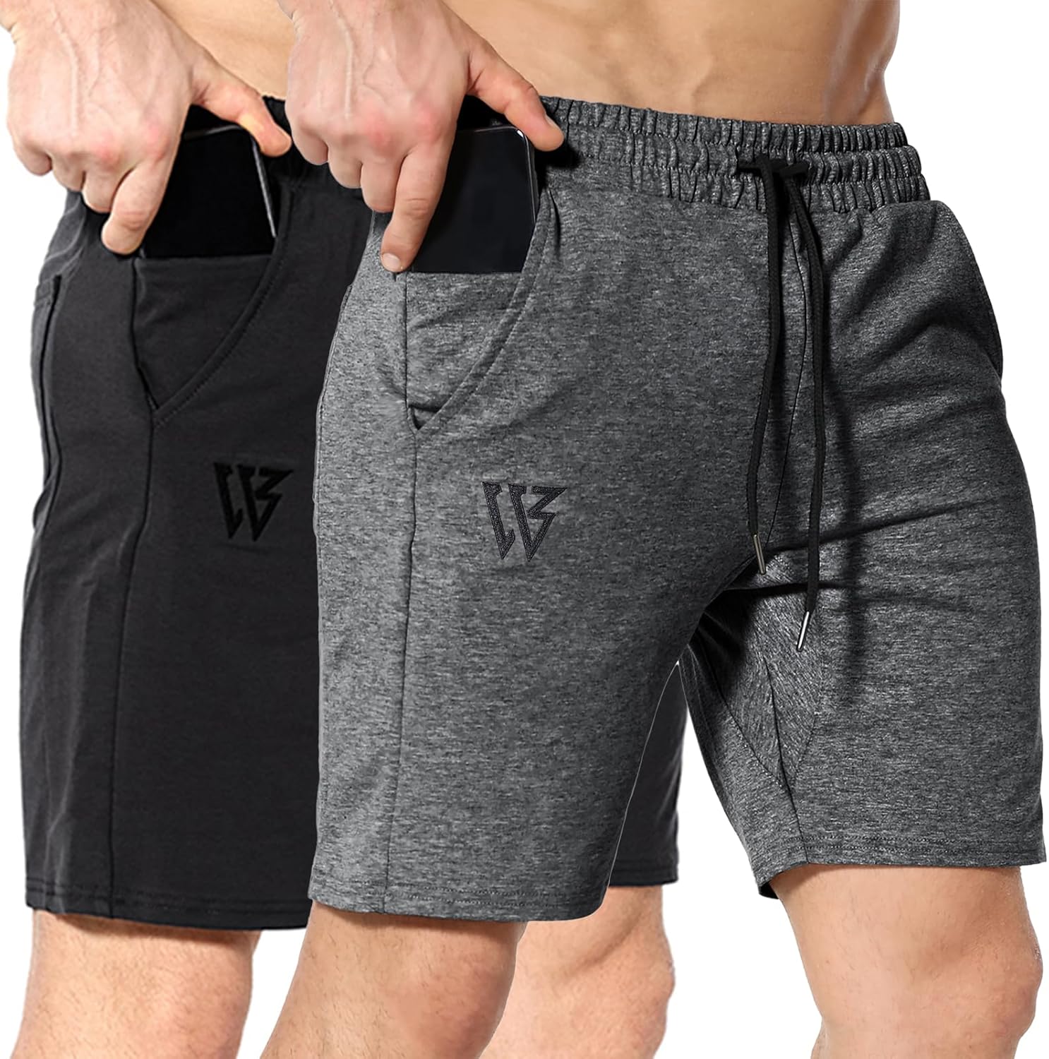 ZENWILL Mens 2 Pack Zip Gym Athletic Shorts, 7" Workout Running Fitness Cotton Training Shorts for Men with Zip Pockets