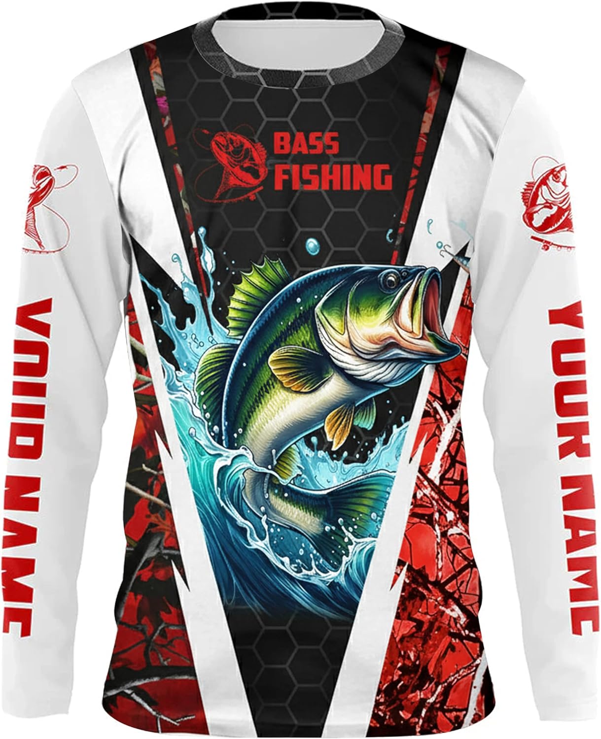 Personalized Bass Fishing Long Sleeve Shirts for Men, Hooded Shirts, Camo Red Largemouth Fishing Shirt, for Dad
