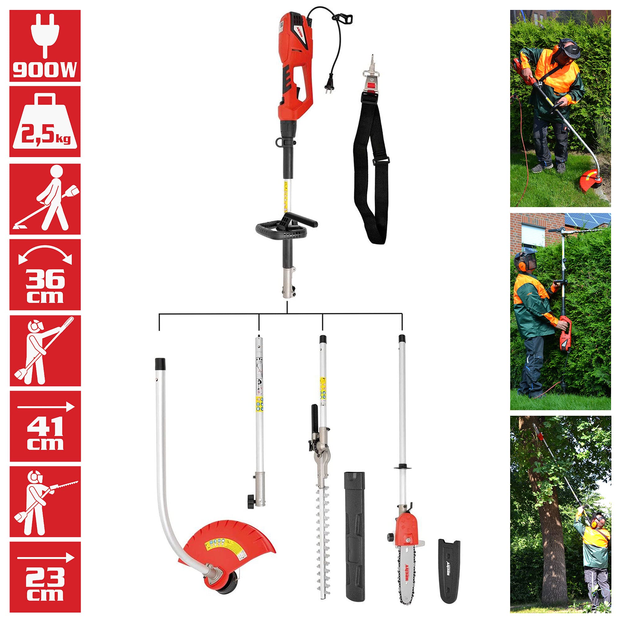 HECHT 3in1 Multitool 900 W – Rasentrimmer, Hochentaster & Heckenschere | Elektro Gartenwerkzeug Set mit Verlängerung – Heckenschere, Hochentaster und Rasentrimmer für Garten & Hecken