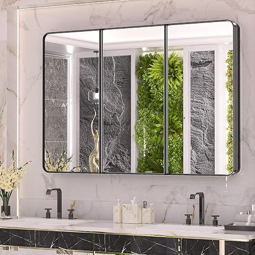 Keonjinn Armarios de medicina de baño negros de 48 x 32 pulgadas con espejo, estantes ajustables, marco de acero inoxidable, bisagra de cierre