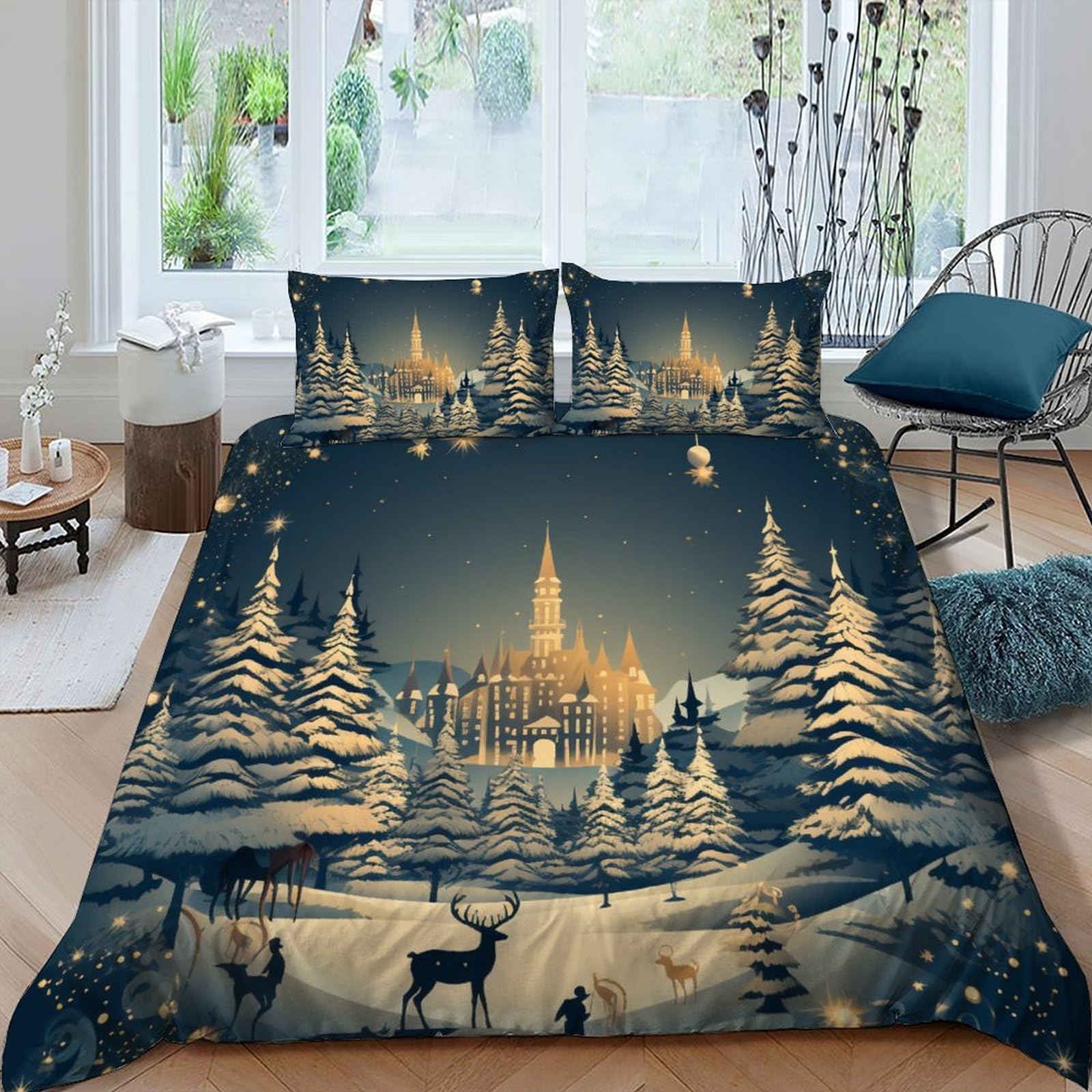 Housse de couette 220x240 cm Château de Noël en microfibre anti-plis avec 2 taies d'oreiller