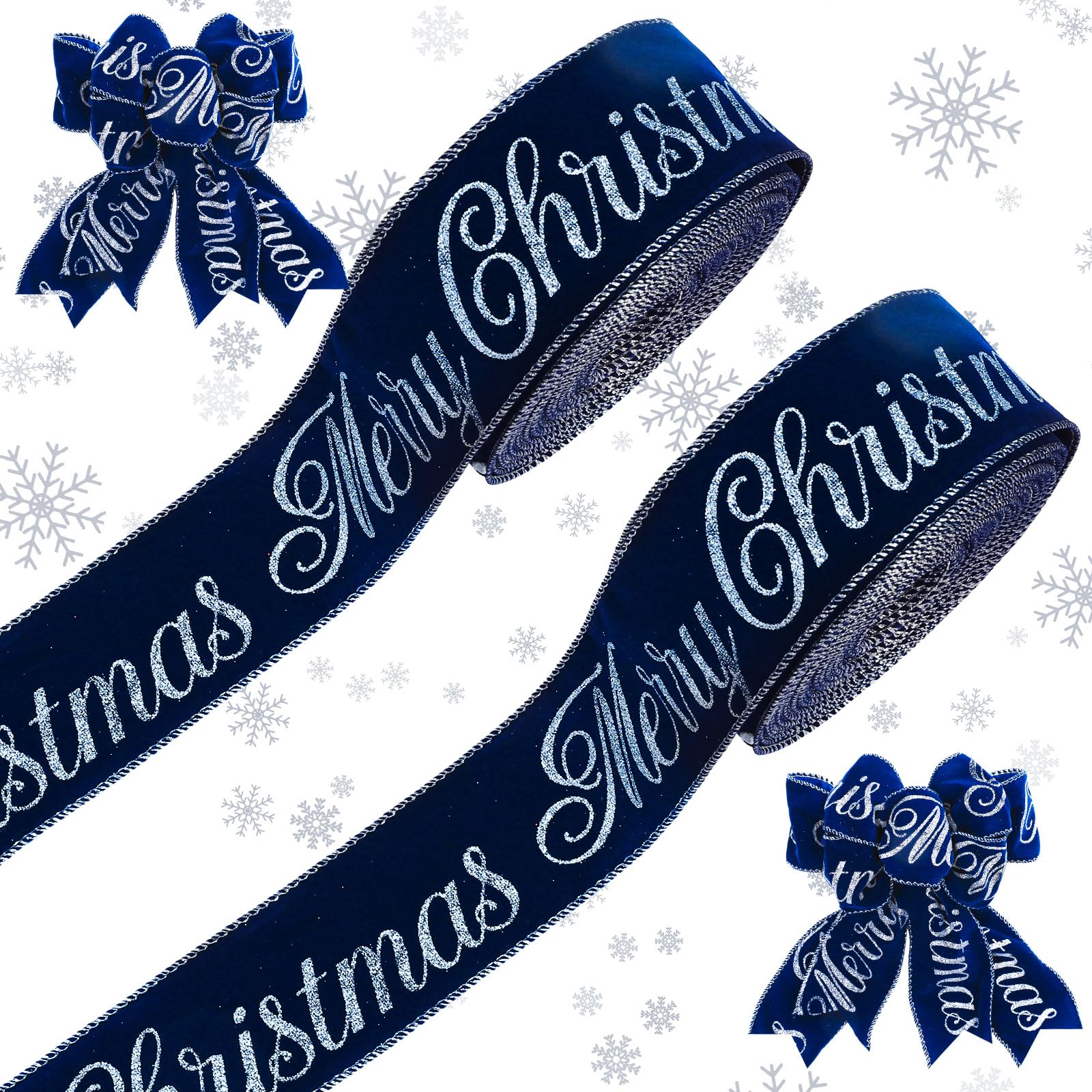 Ruban en velours à paillettes bleu argenté Whaline pour sapin de Noël