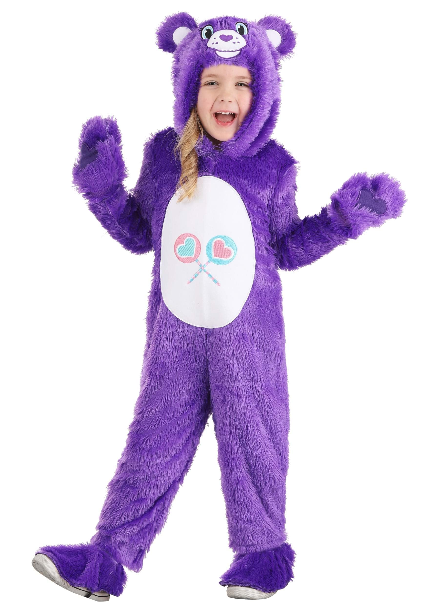 Fun CostumesCare Bears Classic Share Bear Costume For Toddlers | Purple Polyester Faux Fur Jumpsuit With Center Back Zipper