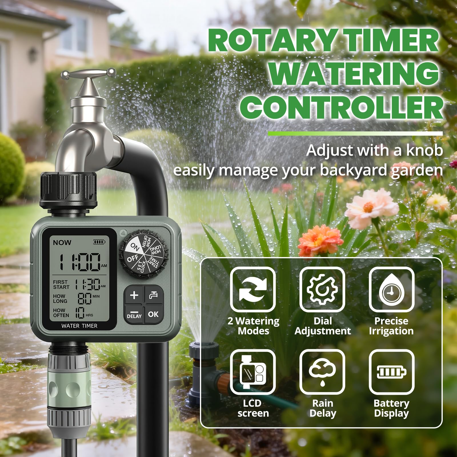 Timer dell'acqua per tubo da giardino esterno con timer per irrigazione a goccia con ritardo della pioggia/modalità manuale, sistema di controllo automatico per irrigazione a goccia per irrigazione da