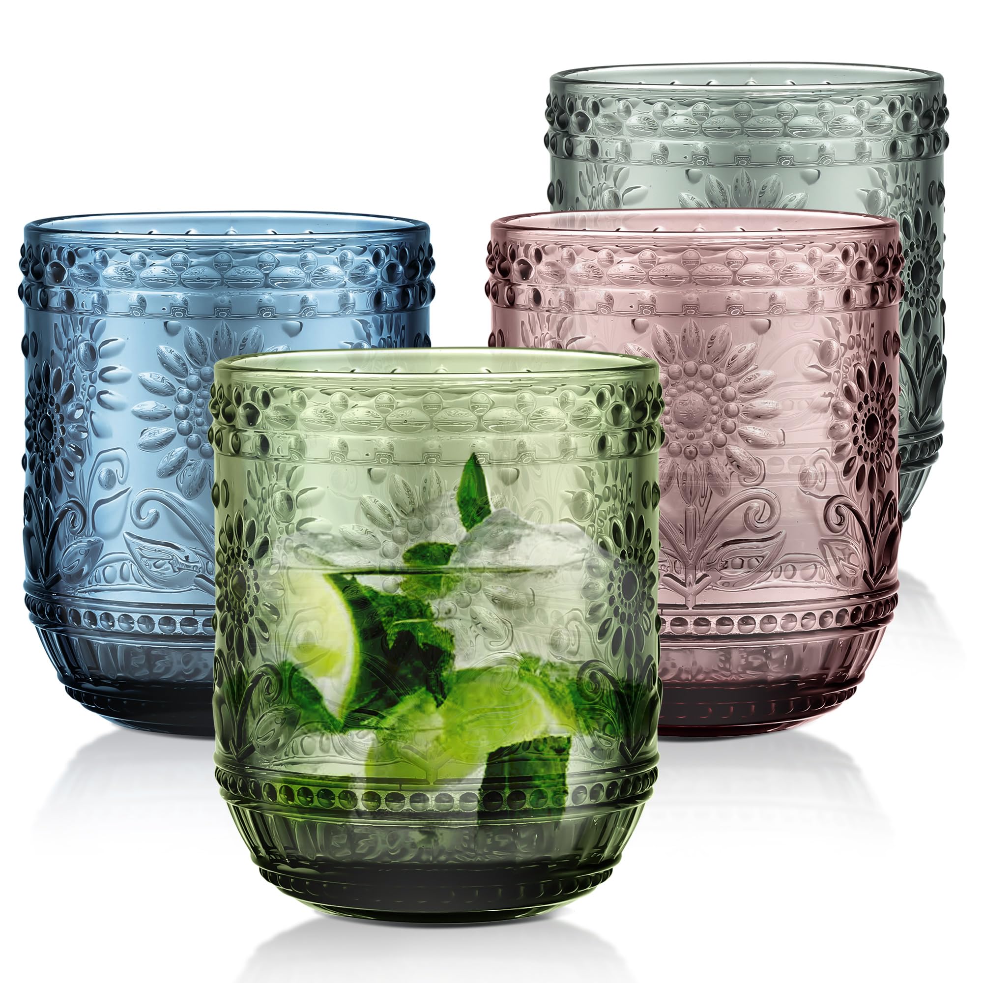 Joeyan Vintage Drinking Glasses,Grey Green Purple Blue Water Glass Cups,Embossed Floral Colored Glassware,Cocktail Juice Beverages Tumbler,Hobnail Textured Drinkware Set of 4,12 oz,Dishwasher Safe