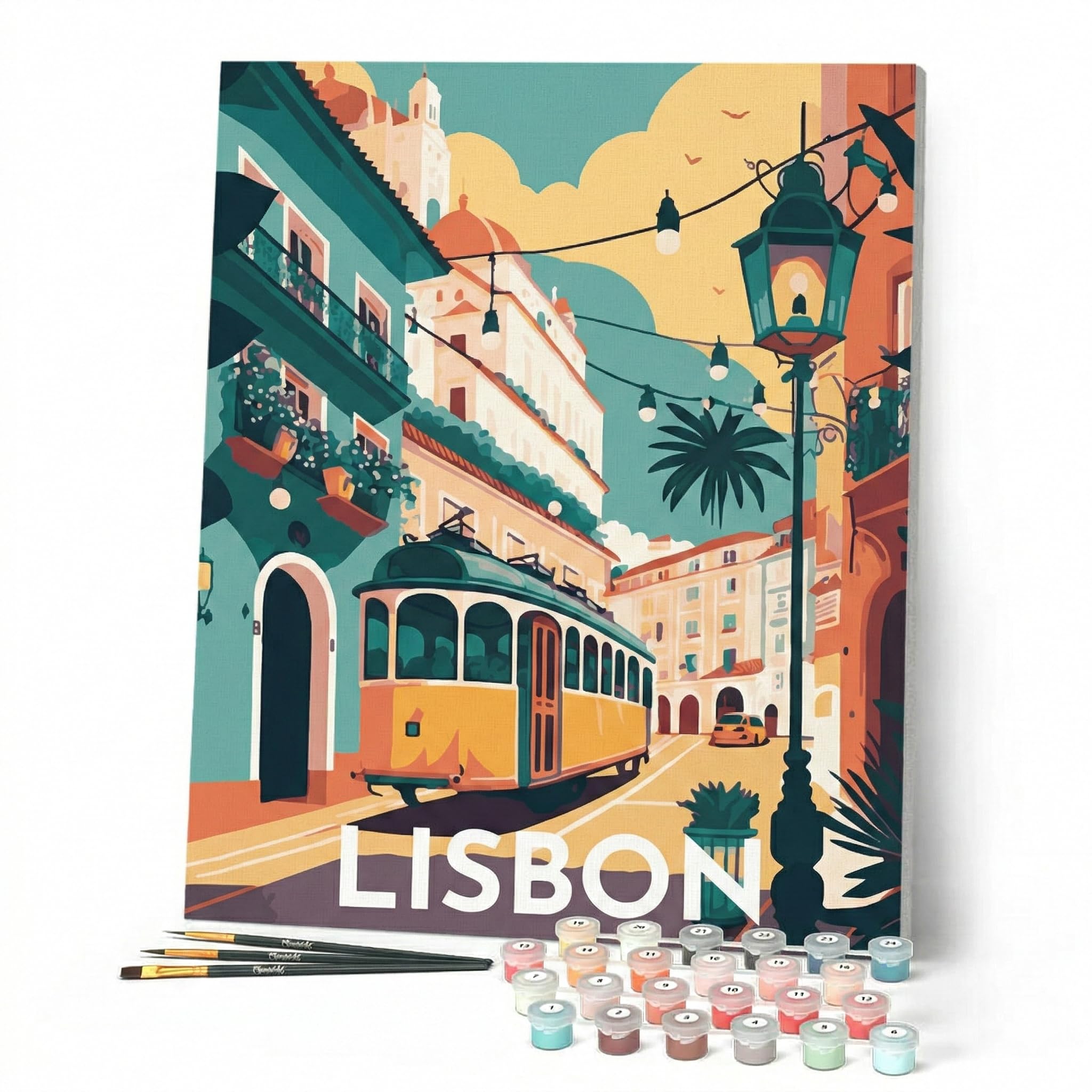 Figured'Art Paint by Numbers for Adults with Frame Travel Poster Lisbon 40x50cm - Craft Art Painting DIY Kit Canvas Already Stretched on a Wooden Frame