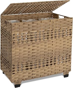 OIAHOMY Laundry Hamper with Lid, 140L Clothes Hamper with 3 Removable Liner Bags, Foldable Basket with Lid, Synthetic Wicker Laundry Basket for Bedroom, 27x 13 x 26 Inches, Yellow