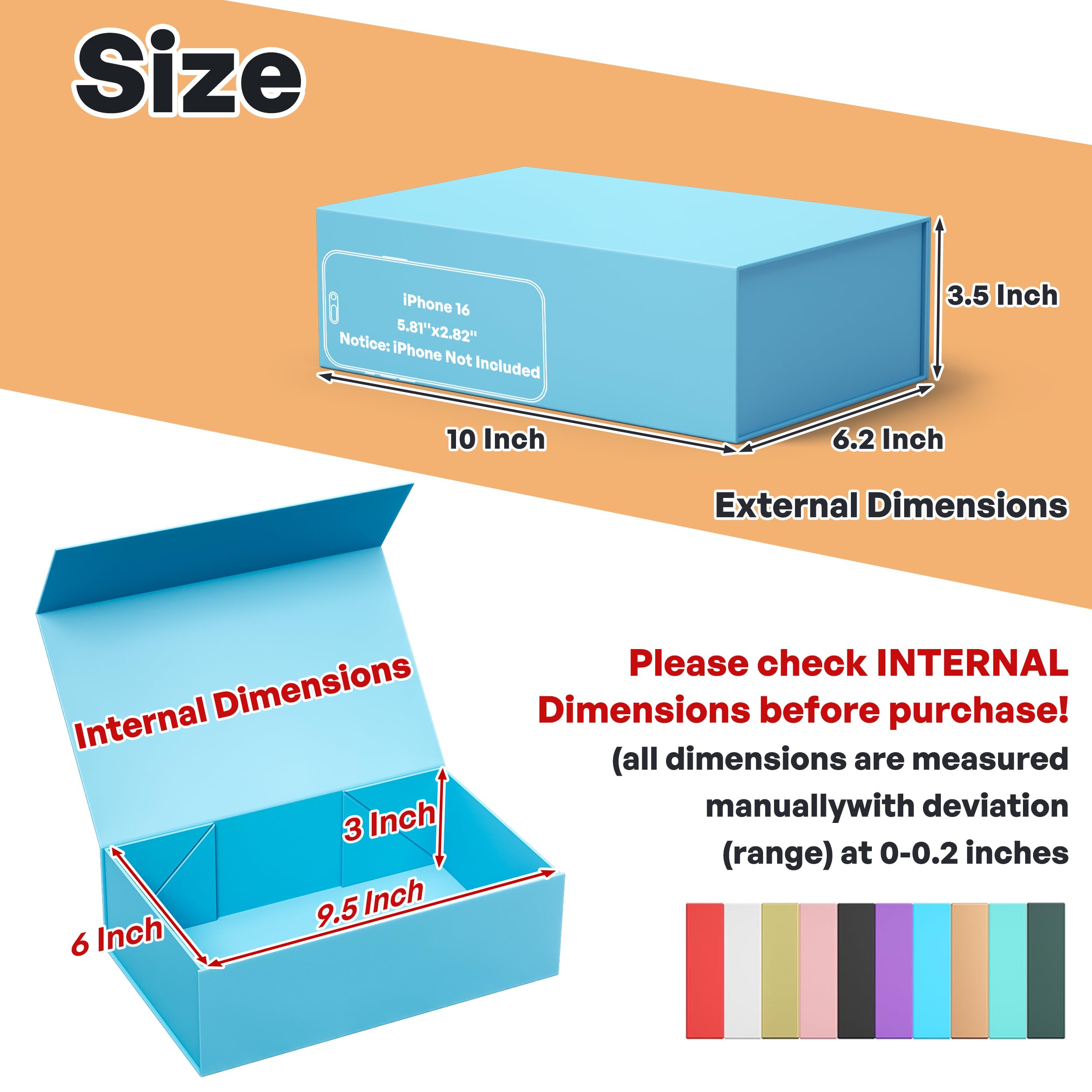 RYDDOY Blue Gift Box, 9.5x6x3'' Gift box for Presents with Lids Magnetic Closure Rectangle Collapsible for Bridesmaid Proposal Box, Wedding, Christmas, Halloween, Birthday Gift Packging