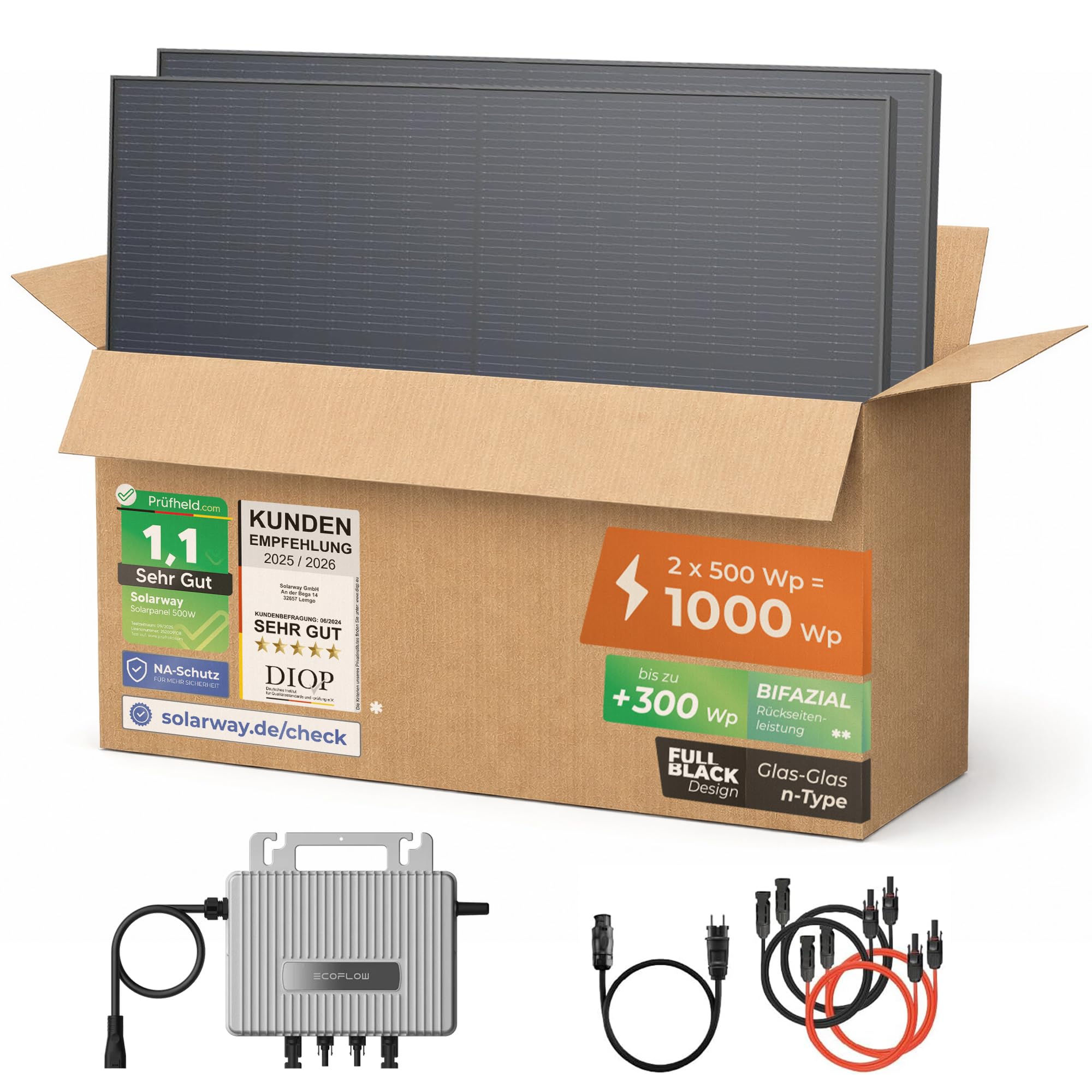 Solarway® 1000Wp / 800W Balkonkraftwerk komplett Steckdose - neuester EcoFlow Stream 800 Watt Wechselrichter - Solaranlage Komplettset - 500W bifaziale black Solarmodule & EcoFlow & Zubehör