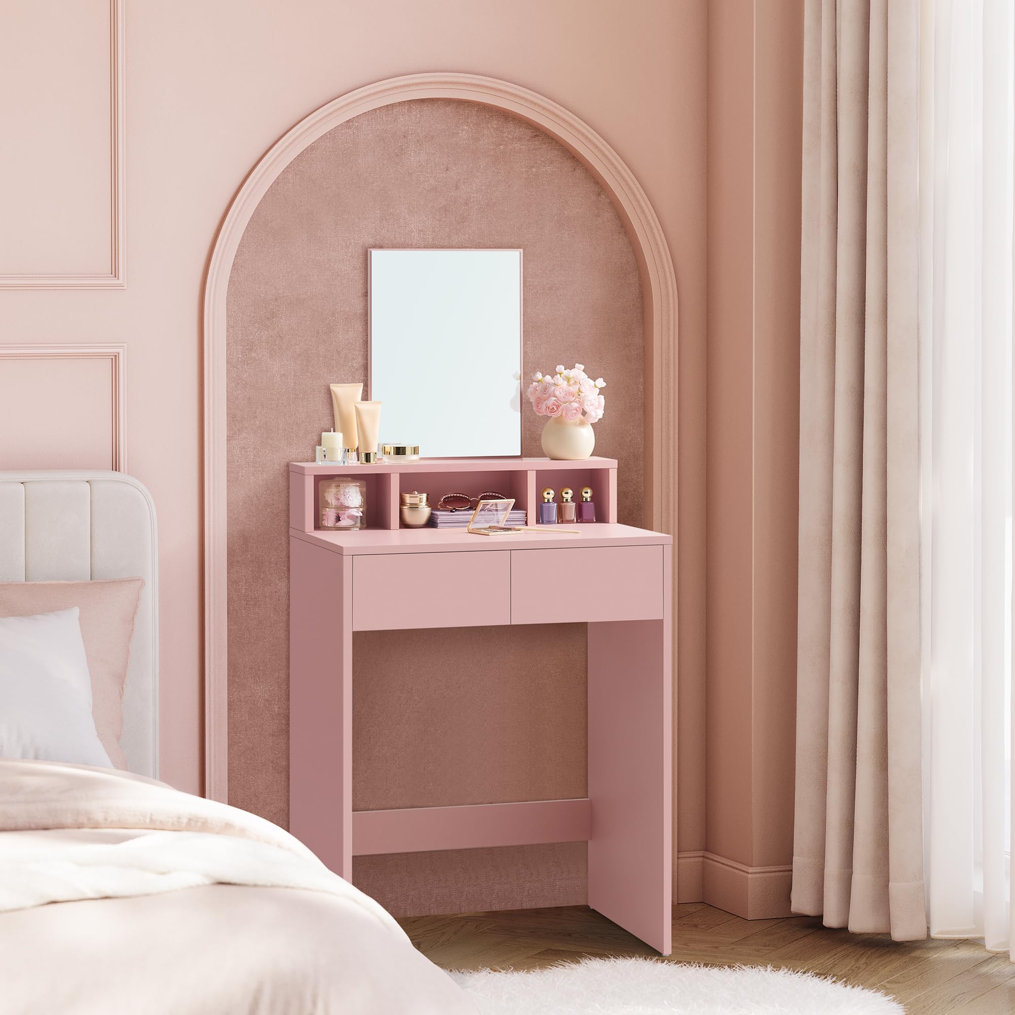VASAGLE KAILYN Collezione - Toeletta con Specchio Grande, Postazione Trucco con 2 Cassetti e 3 Scomparti, Tavolo da Trucco, Stile Moderno, 40 x 60 x 127 cm, Rosa Pastello RDT103R01