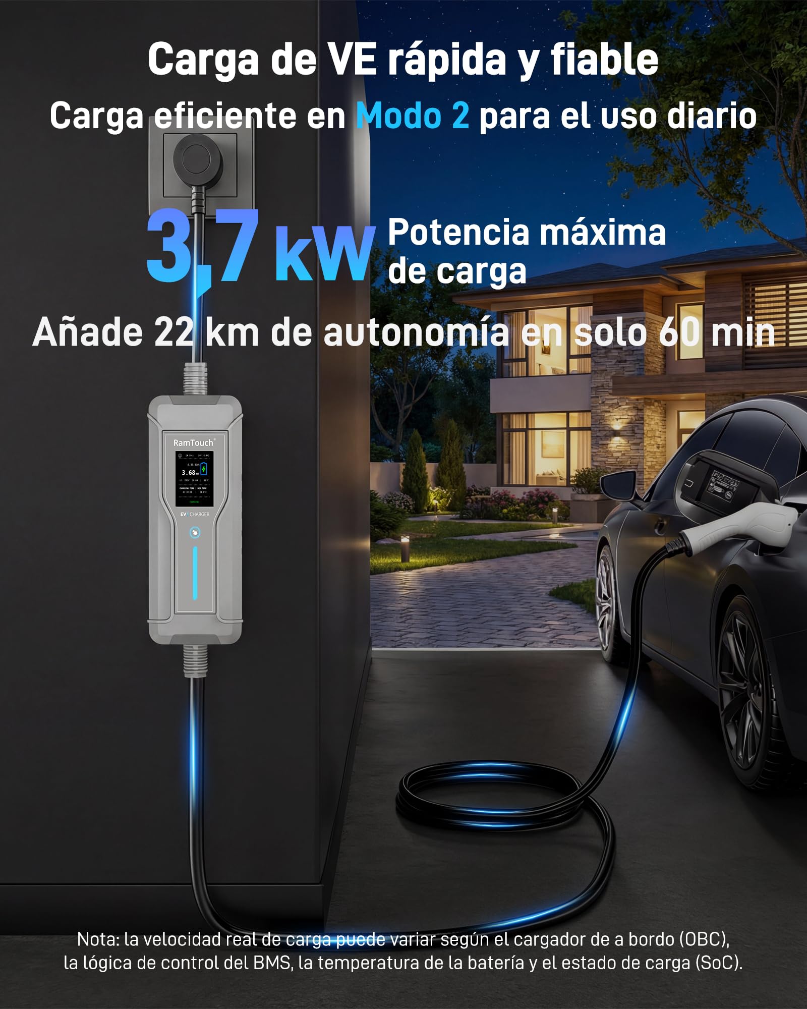 Cargador Coche Eléctrico (3,7 kW, 16 A, 7,5 m, Schuko a Tipo 2) | Monofásico | IP67 | 6–16 A | Timer + inicio diferido | LCD 2,4" | RCD CA/CC | Cable Modo 2 / wallbox móvil | para VE y PHEV