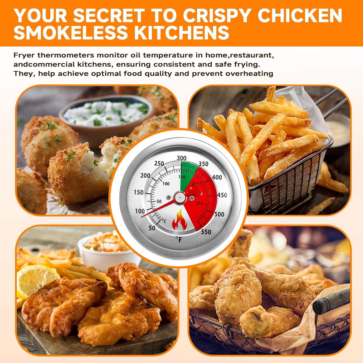 5070 Fryer Thermometer Stainless Steel Design Tempered Glass Dial Face for Bayou Classic Deep Fryer w/ 50˚- 400˚F Range Fits for Bayou 2.5-gal 4-gal and 9-gal Fryers