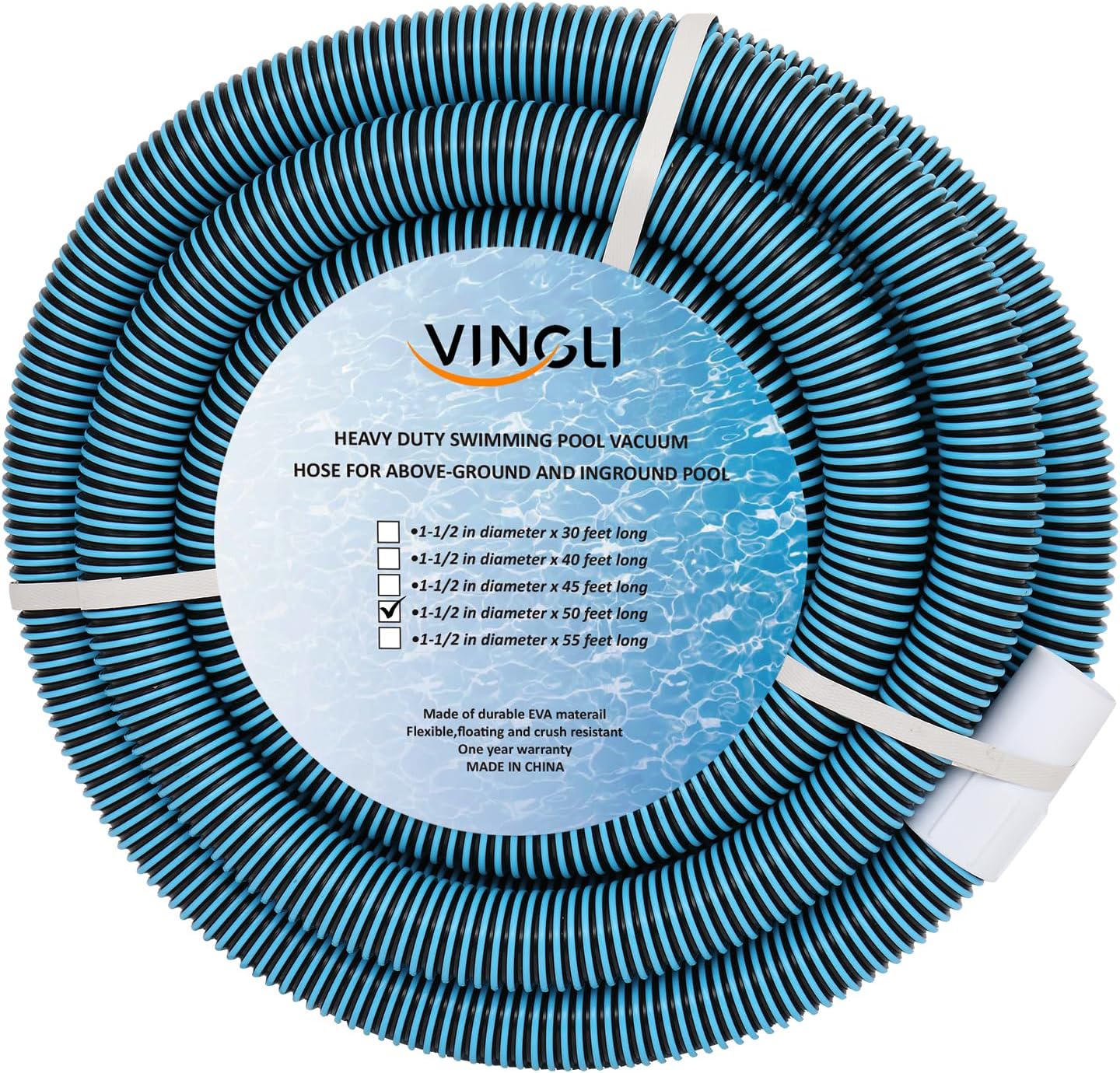 VINGLI 1-1/2-Inch by 50-Feet Blue Swimming Pool Vacuum Hose for Inground and Above-Ground Pools