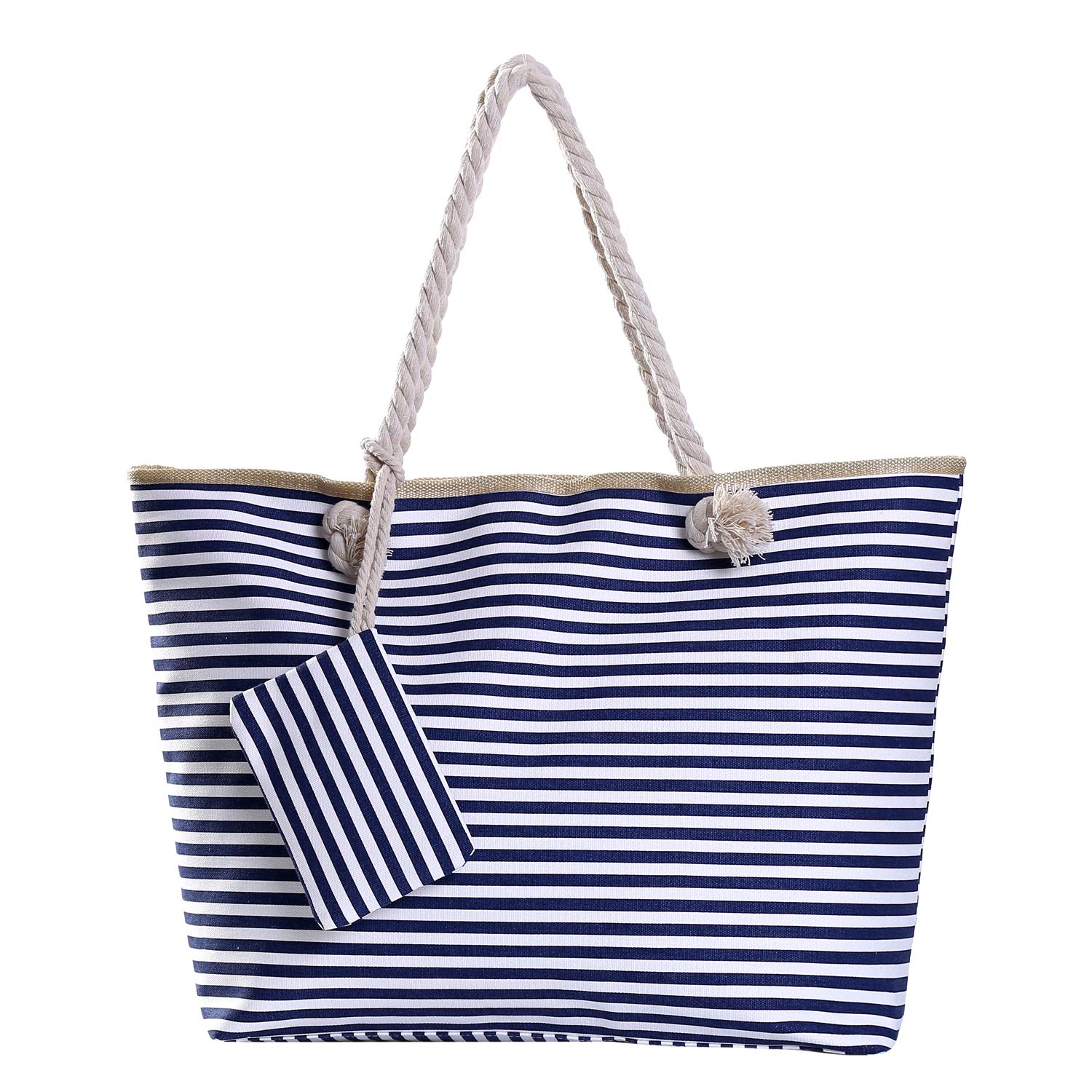 DonDon Bolso de playa grande con cremallera bolso de hombro a rayas azul oscuro y blanco