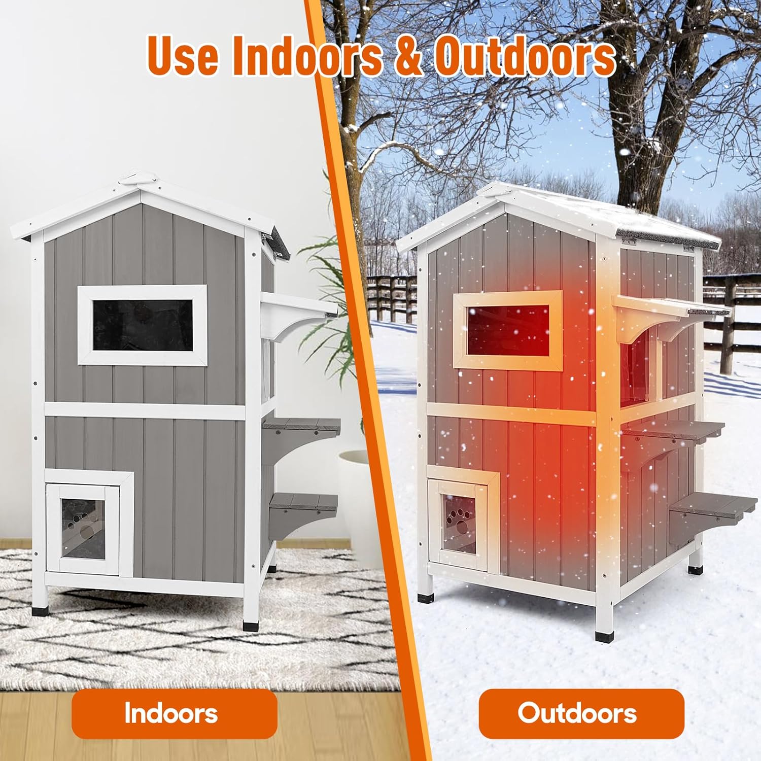 2-Story Insulated Warm Cat House, Weatherproof Cat Shelter with 2 Platforms, Thermal Layers,2 Escape Doors, Openable Roof, Removable Floor, Ideal for Feral Cats in Outdoors & Indoors, Grey