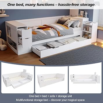 MYBOO 3ft Single Bed Frame with Storage Drawers&Shelves&Bedside Table, Functional Daybed Wooden Platform Bed with Slats, Storage Bed Sofa Beds Guest Beds for Living Room&Bedroom, No Mattress, White