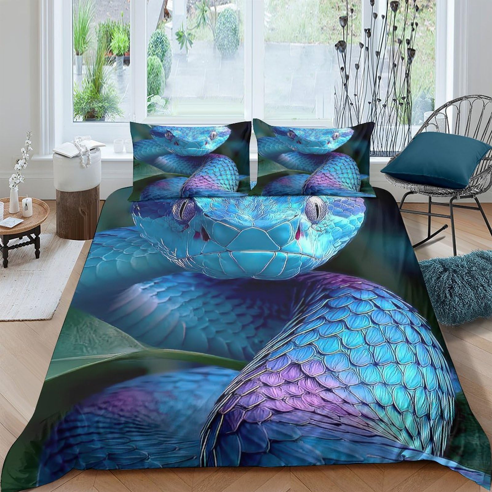 Ctjqhvkz Style-8 3D Printed Blue Snake Fitted Sheet Microfiber Soft Non-Slip Purple Serpent Mattress Cover Bedroom Decor Washable Single（135X200cm）