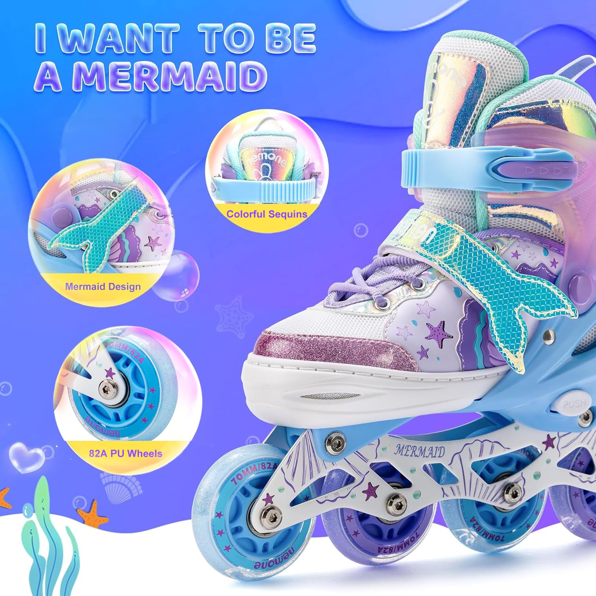 NEMONE Sirènes Rollers en Ligne Filles Réglable 4 Roues Rollers en Ligne pour Enfants et Débutants Cadeau Noël et Anniversaire