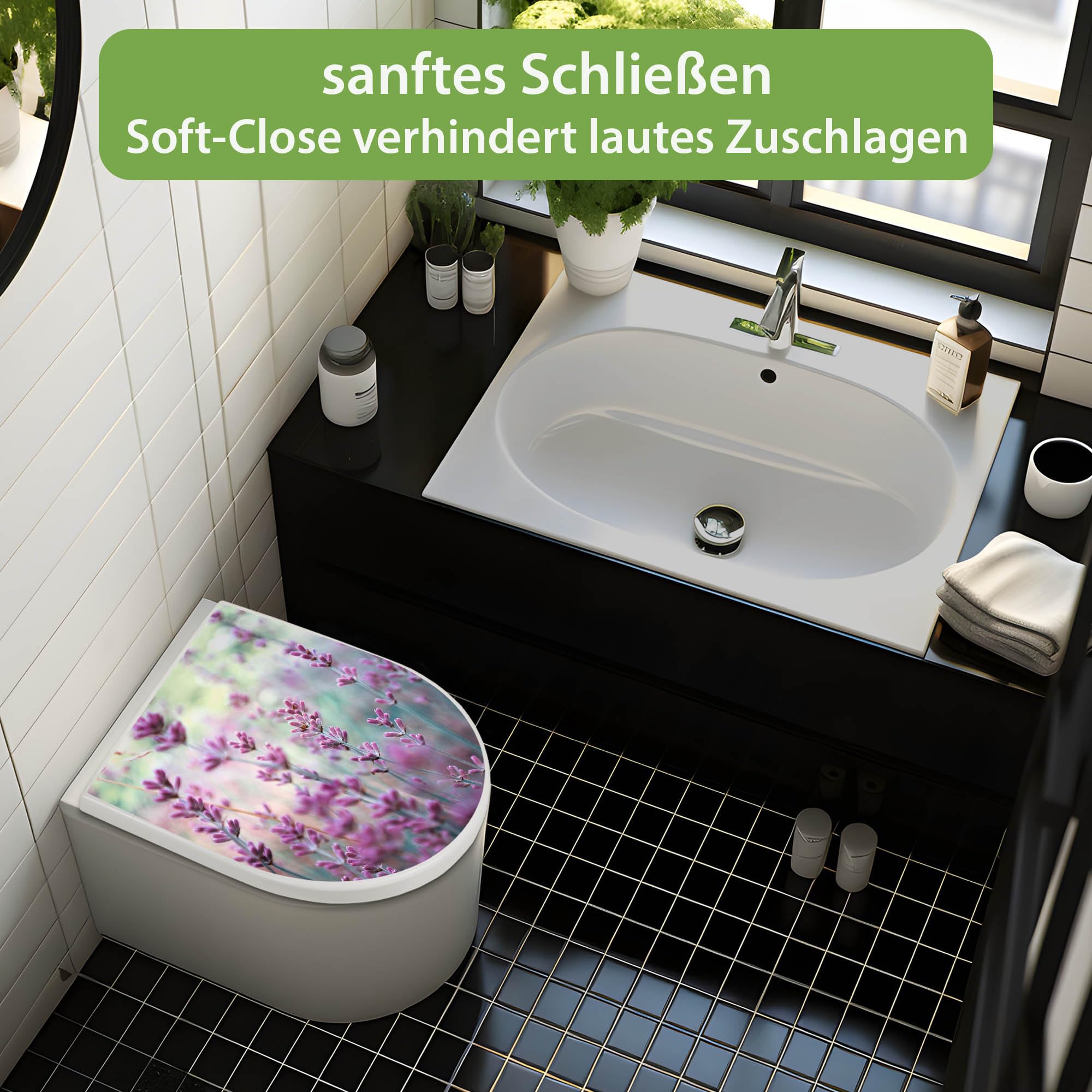 banjado WC Sitz mit Absenkautomatik D Form - Toilettendeckel mit Absenkautomatik D Form - Klodeckel Softclose - stabile Klobrille - Toilettensitz Weiß - Motiv Lavendel 2
