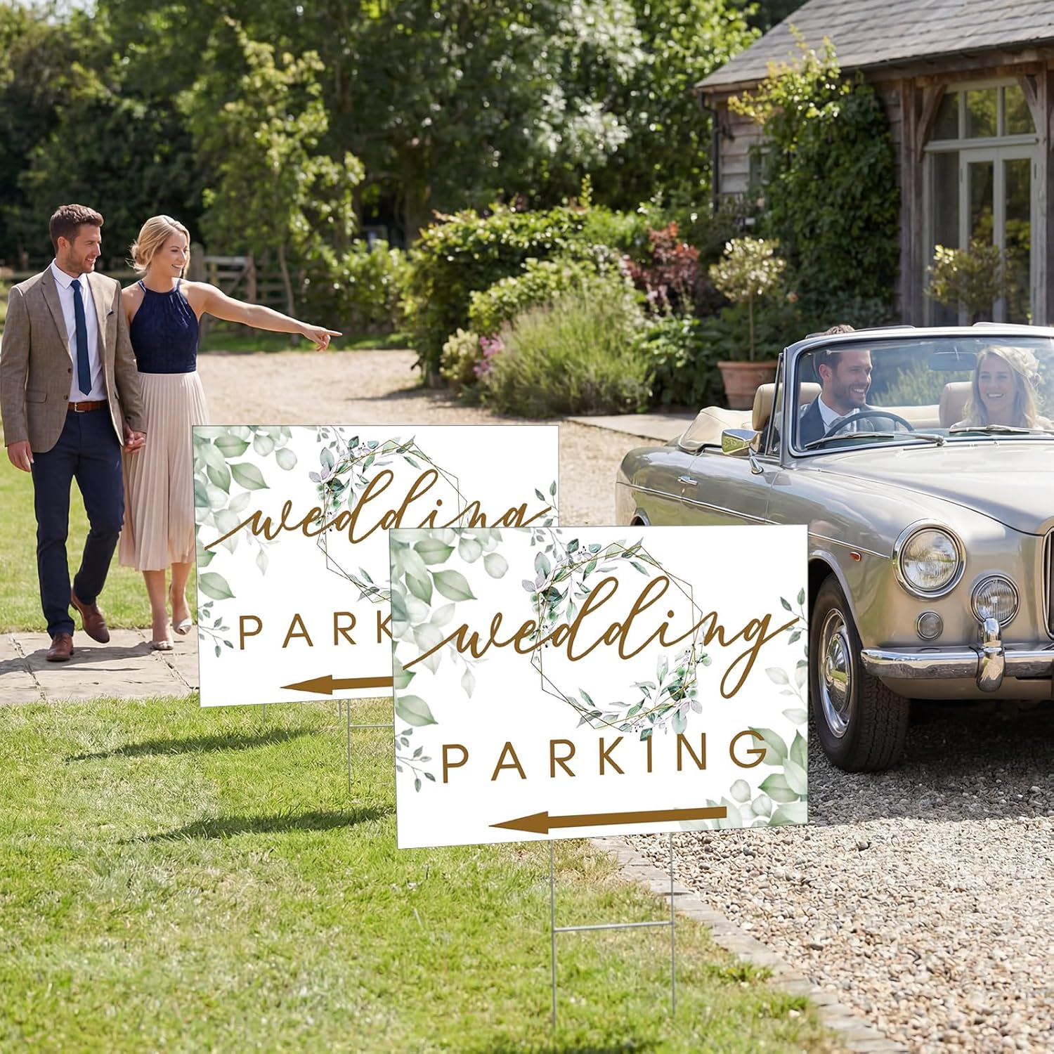 3 Packs Wedding Parking Signs 18"x24" Wedding Entrance Sign with H Stakes Plastic Double Sided Printed Arrows Waterproof Outdoor Directional Arrow Lawn Yard Signs Decorations