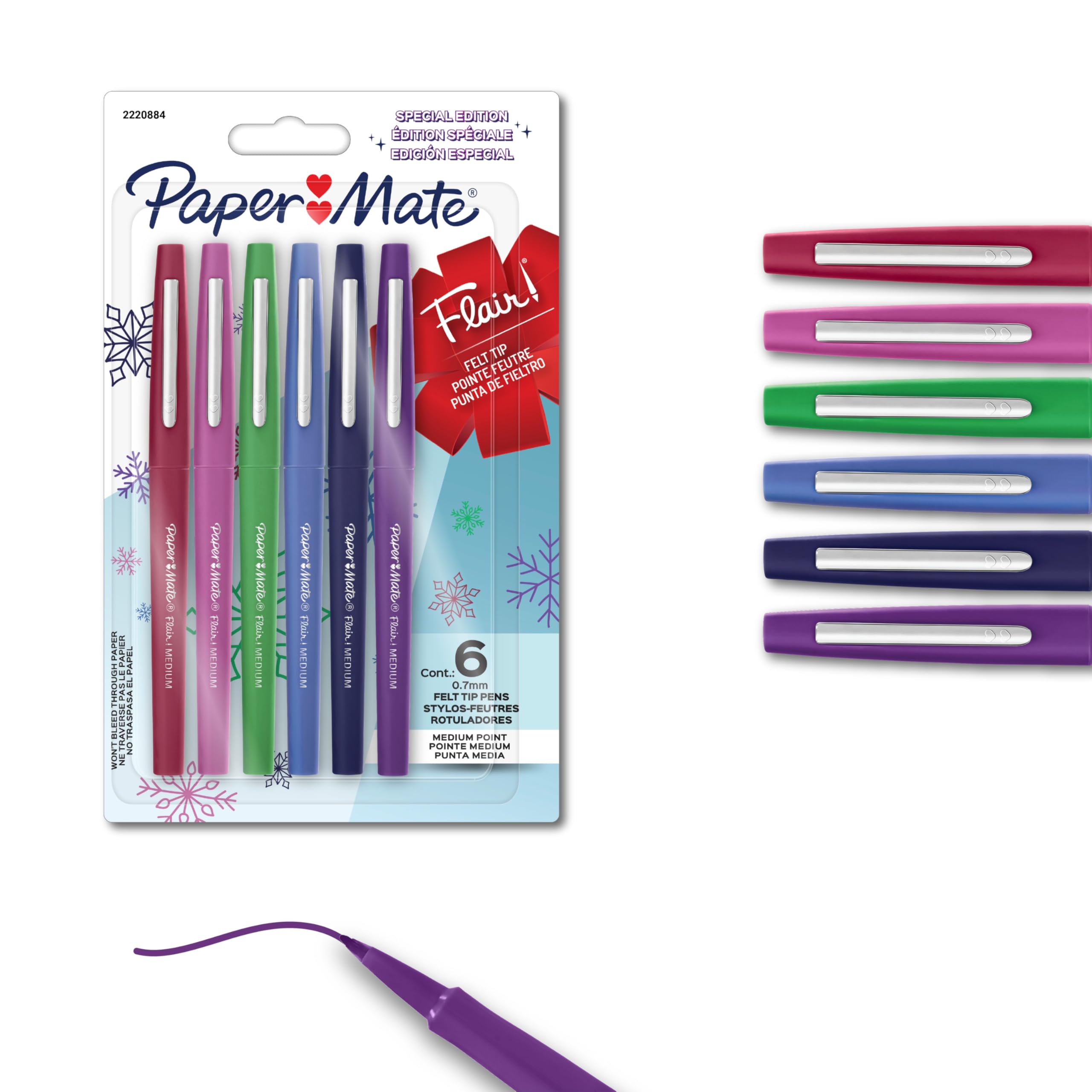Paper Mate Flair Felt Tip Pens, Holiday Edition, Medium Point (0.7 mm), Assorted Colours, 6 Count