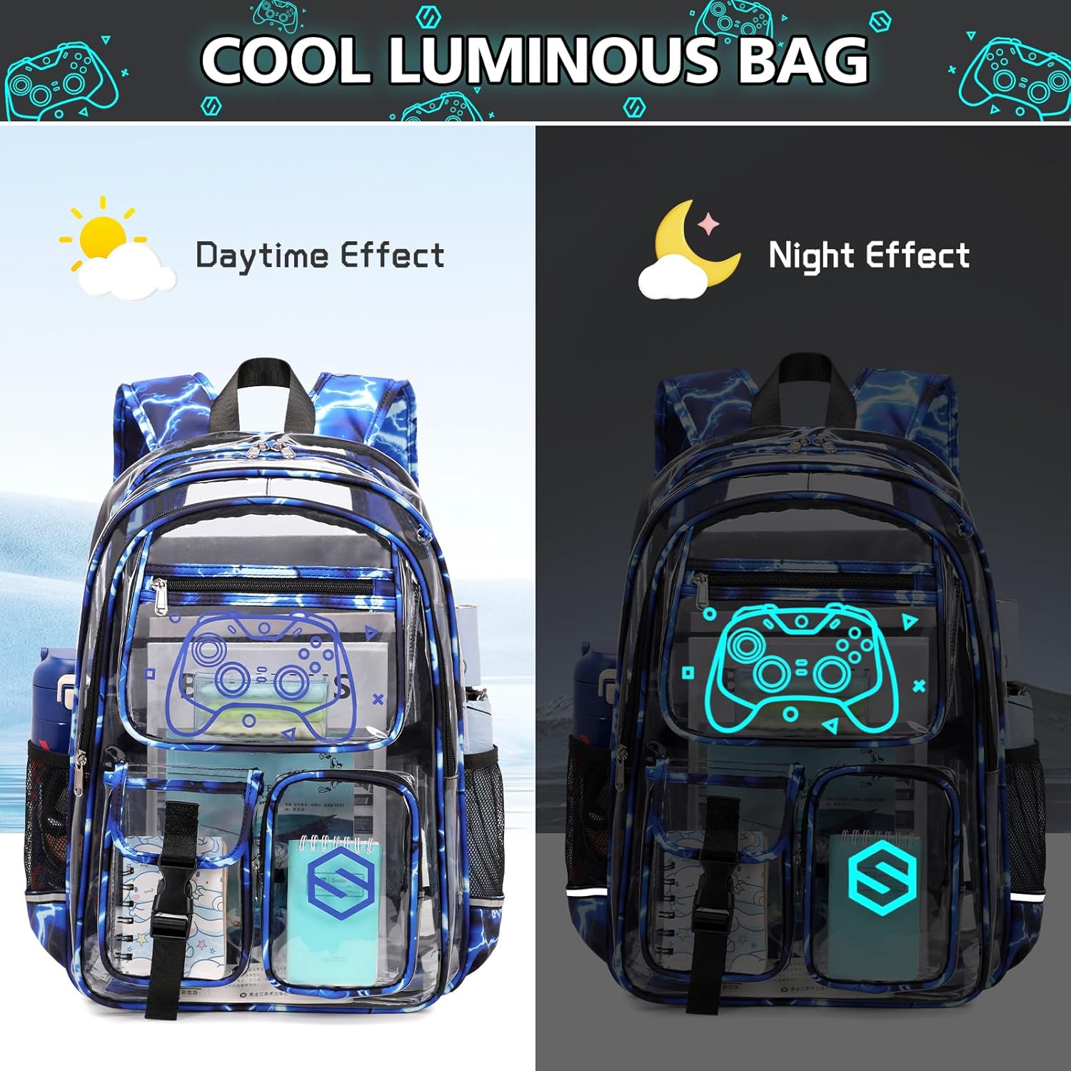 DIGOBAY 3PCS Cool Luminous Clear Backpack for Boys Kids, Gamer Bookbag for School, See Through PVC Transparent Backpacks with Lunch Bag Pencil Case, Clear Backpack Heavy Duty for School Stadium