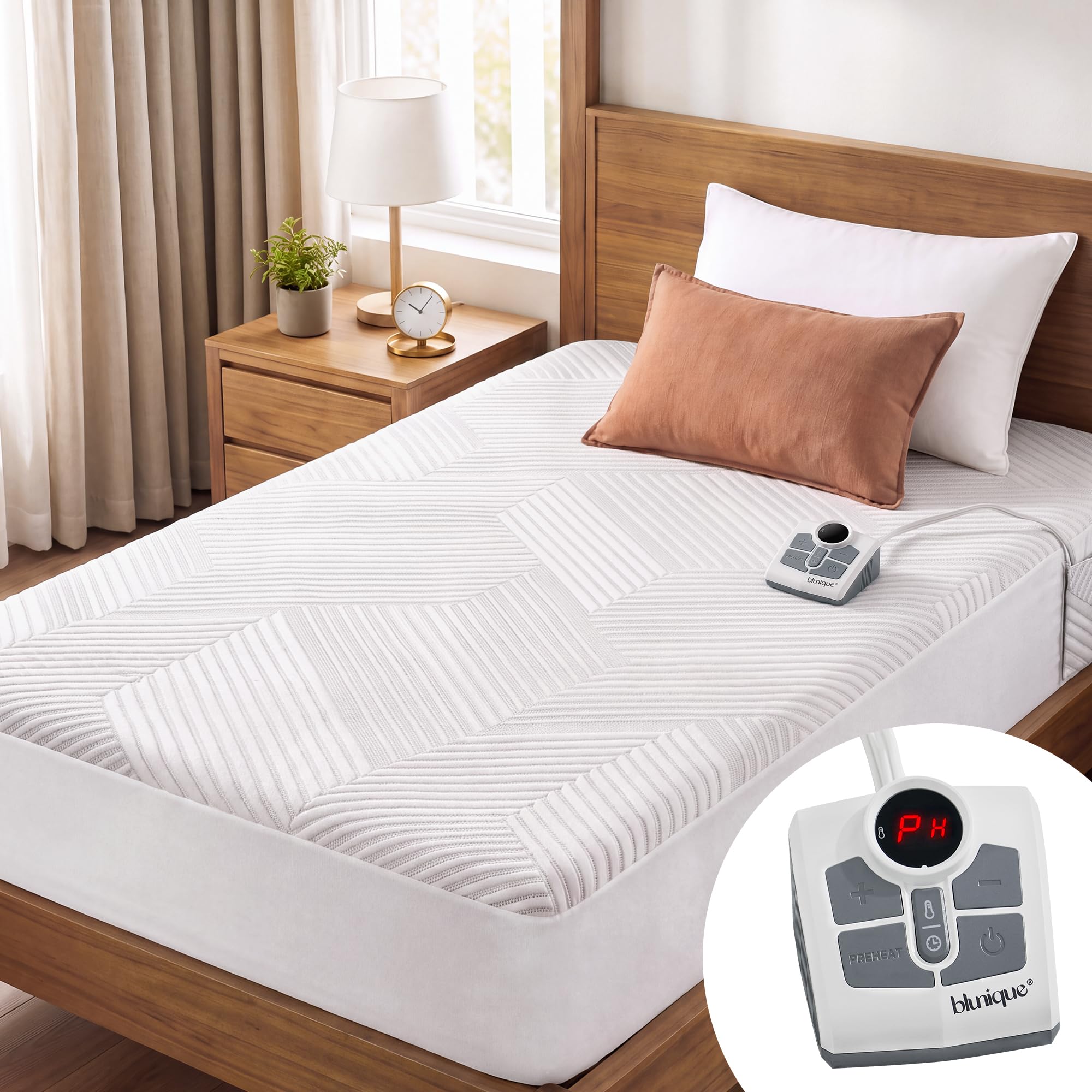 Heated Mattress Electric Pad Twin Size Single Control Bed Warmer, Deep Pocket, Side Storage Pouch for Controller, Machine Washable, 3D Air Layer Fabric, 39"x75", Off White