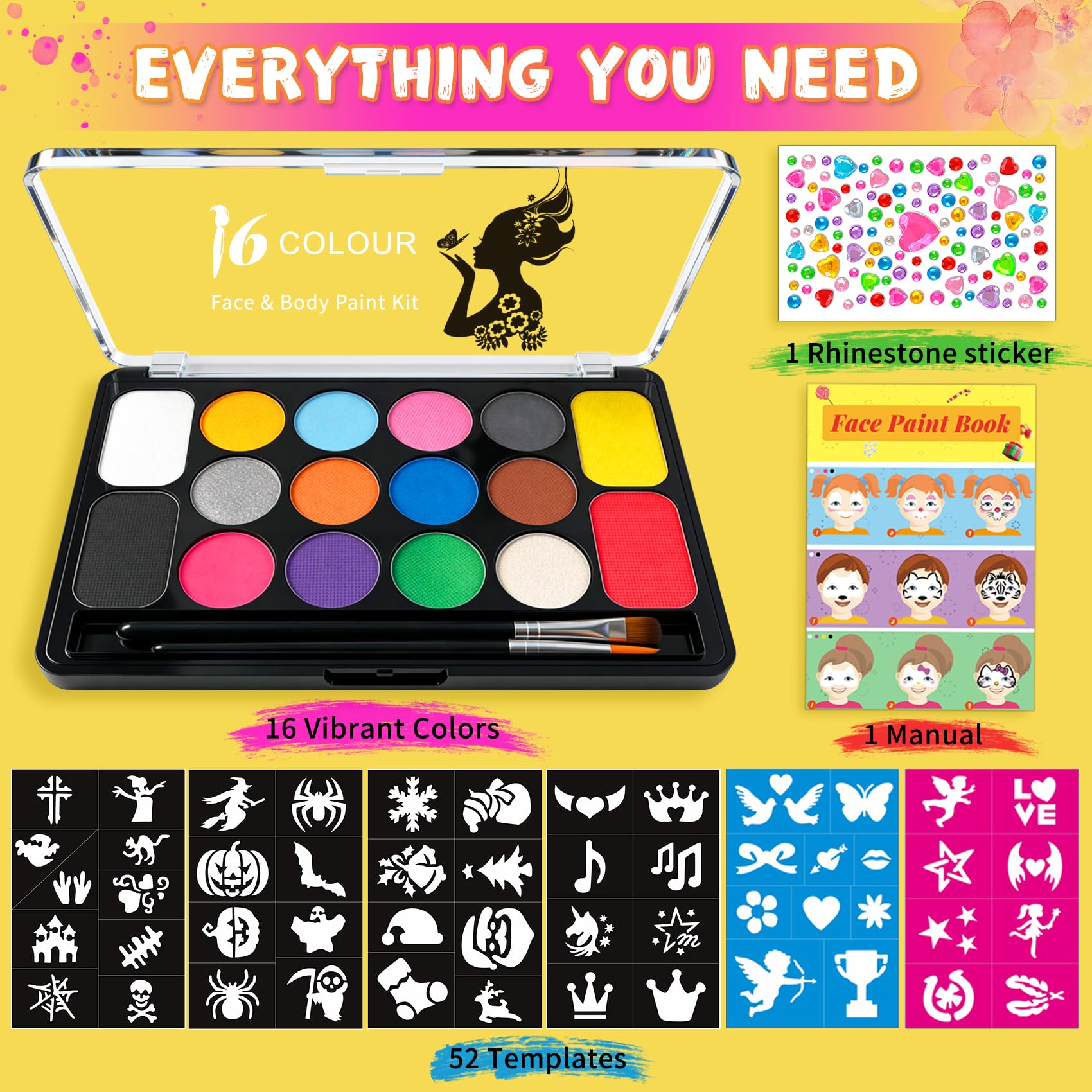 Mekkyes Truccabimbi Kit - 16 Colori Trucco Viso Bambini con 4 Colori Grandi, 52 Stencil e 1 Adesivo con Strass, Truccabimbi set Anallergici Atossici Body Painting per Halloween Carnevale Cosplay