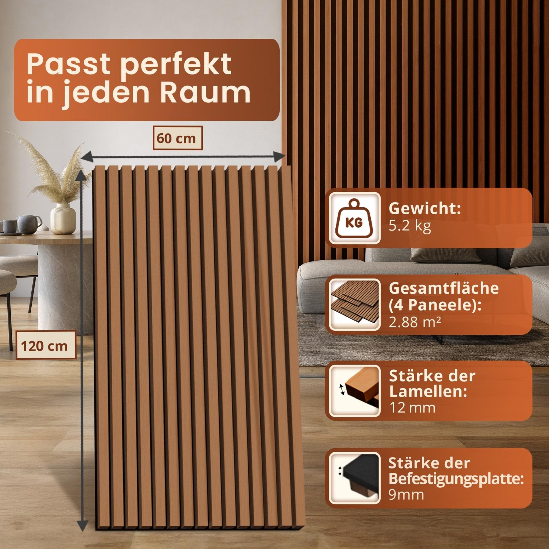 NEU.HOLZ Akustik Wandpaneele Vang 8er Set Wandverkleidung zum Kleben und Schrauben 5,76 m² Holzfurnier 3D Paneele Lamellen in Teakoptik