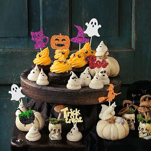 Miniatura 117 de Gyufise 24 piezas de decoración de magdalenas fantasmas – Purpurina blanca espeluznante Halloween Baby Shower Cupcake Picks para decoración