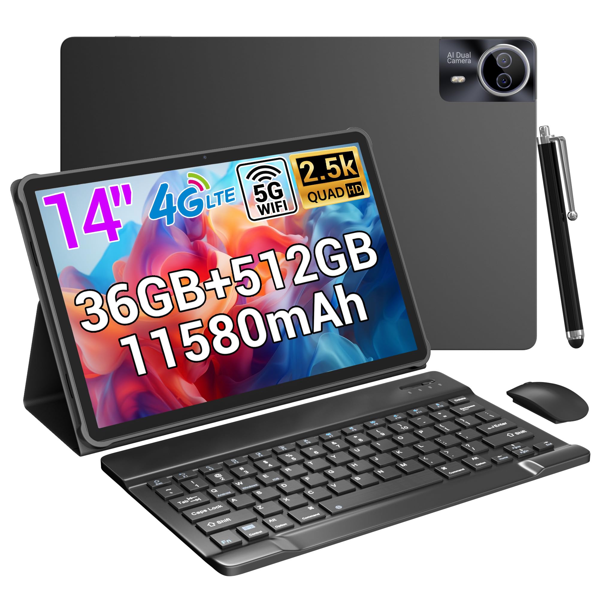 14 Zoll Tablet, 2.5K Display, 36GB RAM + 512GB ROM (1TB erweiterbar), 4G LTE Dual SIM + 5G WiFi, Gemini AI/Quad-Speaker/GPS/GMS/11580mAh/13MP, Android 15 Tablets mit Tastatur/Maus/Hülle/Kopfhörer/Pen