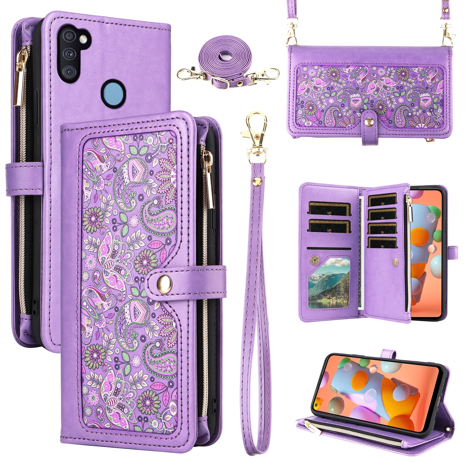 Dswteny for Samsung Galaxy A11/M11 Floral Wallet Case with Wrist Strap Shoulder Strap Zipper Purse, PU Leather Flip Credit Card Holder Stand