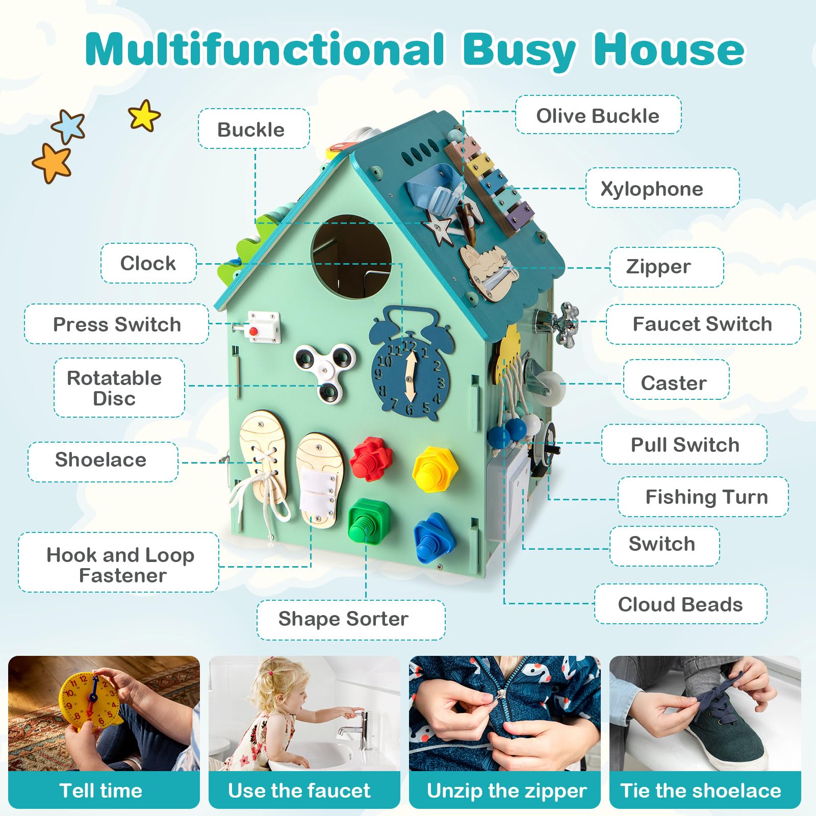 RELAX4LIFE Giochi Montessori Busy House in Legno, Casetta di attività Occupato Montessori per Bambini, Giocattolo Sensoriale e Educativo per 1/2/3/4/5 Anni(Blu)