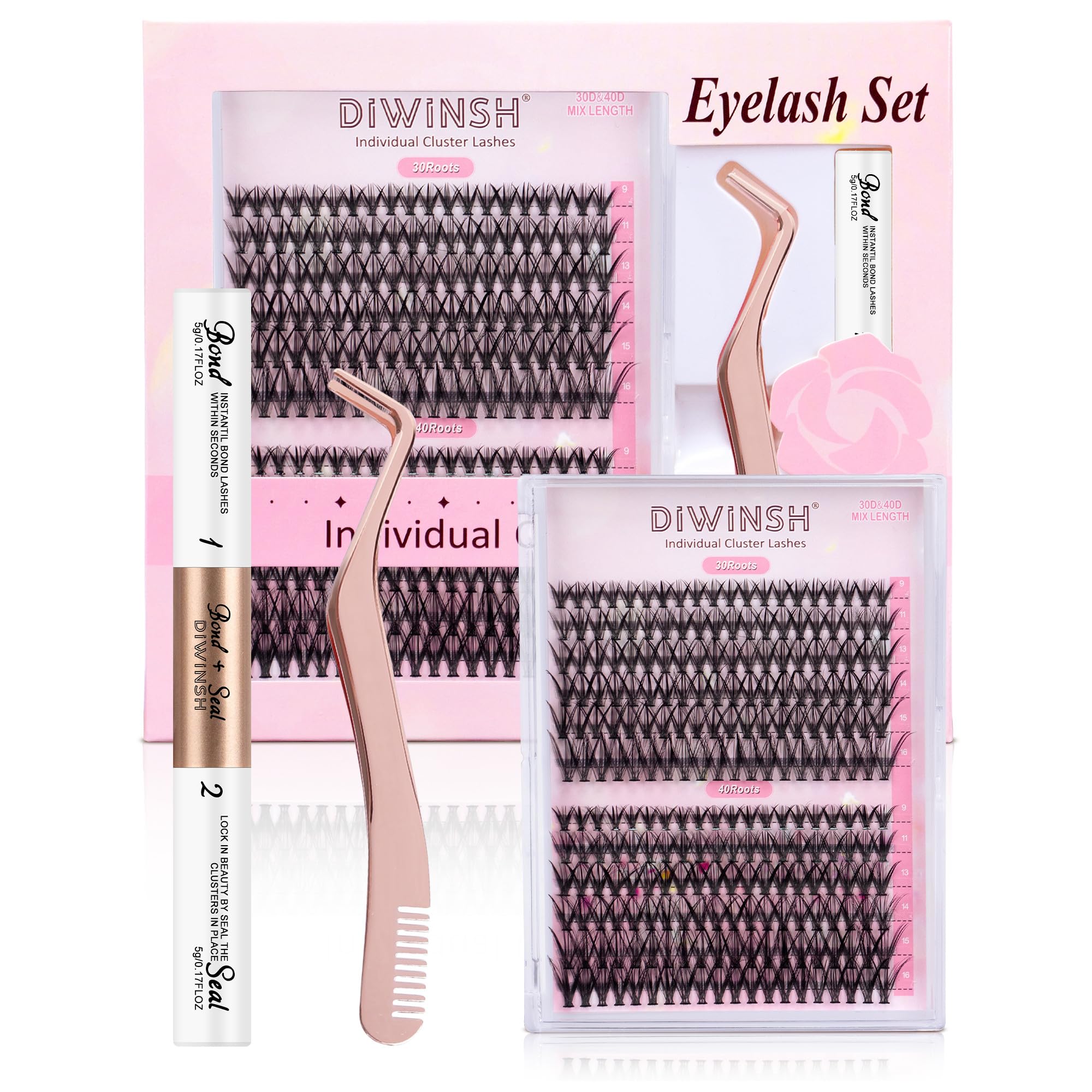 DIWINSH Kit de Extensión de Pestañas 240Pcs D Curl 9-16 mm Pestañas Postizas, Con Pegamento para Pestañas Bond and Seal, Pinzas de Oro Rosa, Pestañas Individual DIY (Kit-30D+40D, 9-16mm)