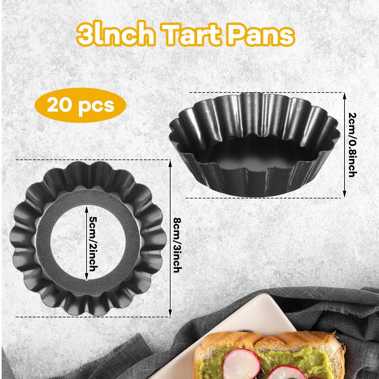 Paquete de 20 mini moldes para tartas, parte inferior extraíble, de 3 pulgadas, redondos, estriados, antiadherentes, para tartaletas, postres