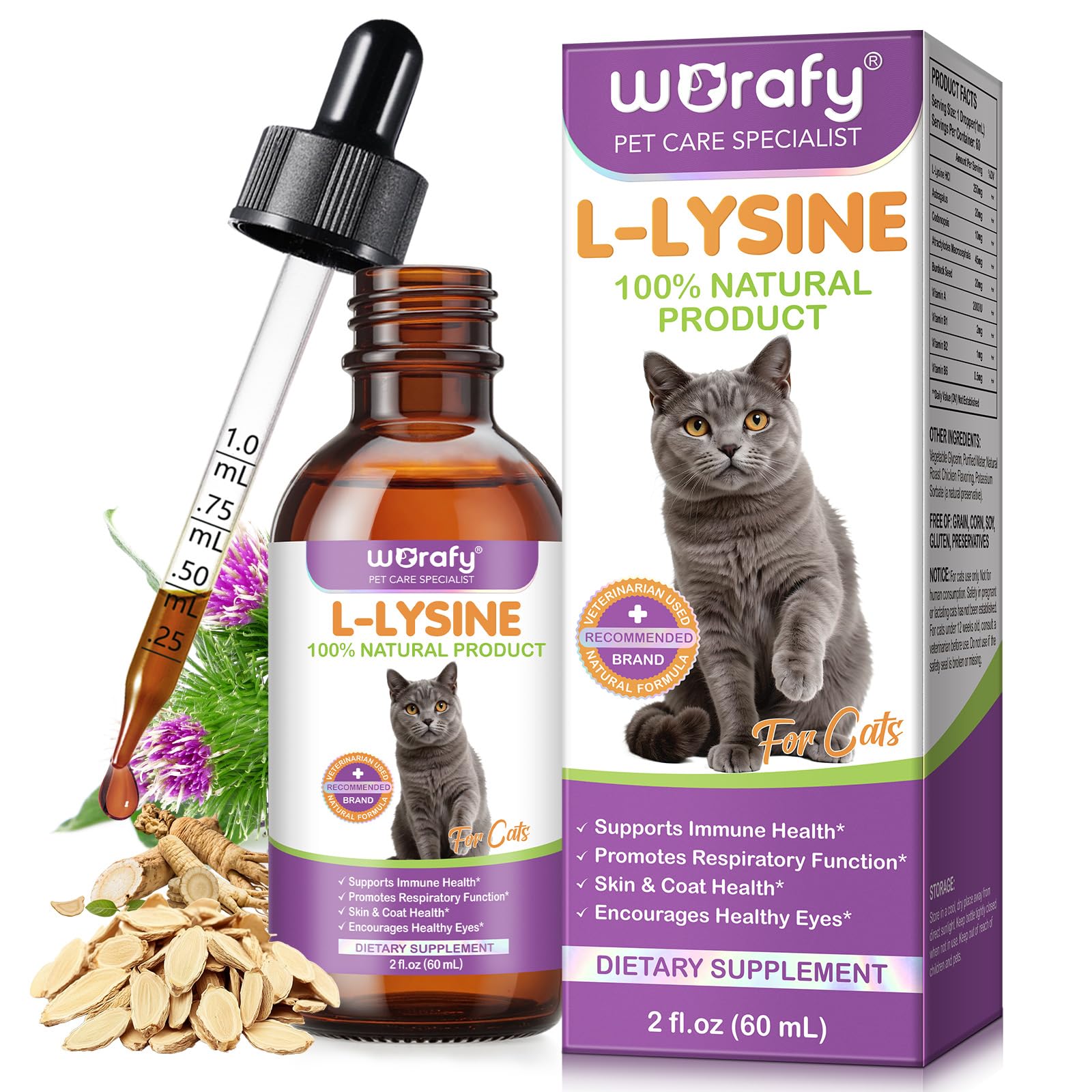Lysin für Katzen 60ml, Katze L-Lysin Ergänzung Unterstützung Immun für Katzen Atemwege, Niesen, fließende Nase, Augenfunktion, hilft stärken natürliche Abwehr - Chicken Flavor
