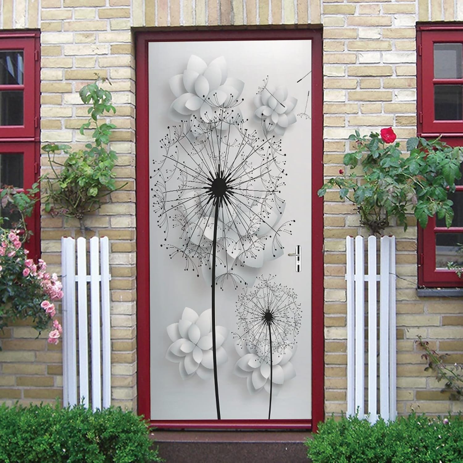A.Monamour 3D Door Stickers for Interior Doors Black Dandelions and White Flowers Modern Abstract Background Vinyl Removable Self Adhesive Door Poster Wallpaper Mural Decals for Bedroom 95x215cm
