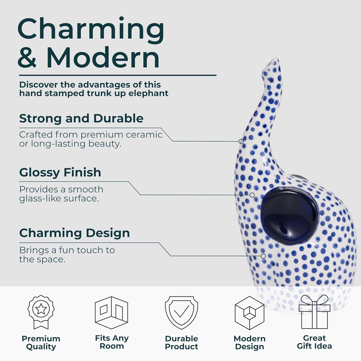 Ceramic Elephant Figurine Sculpture – Artful Room Decor Accent, Shelf, Desk, or Mantel Placement, Boho Home Decor Detail with Symbolic Charm – 8", Blue and White Finish