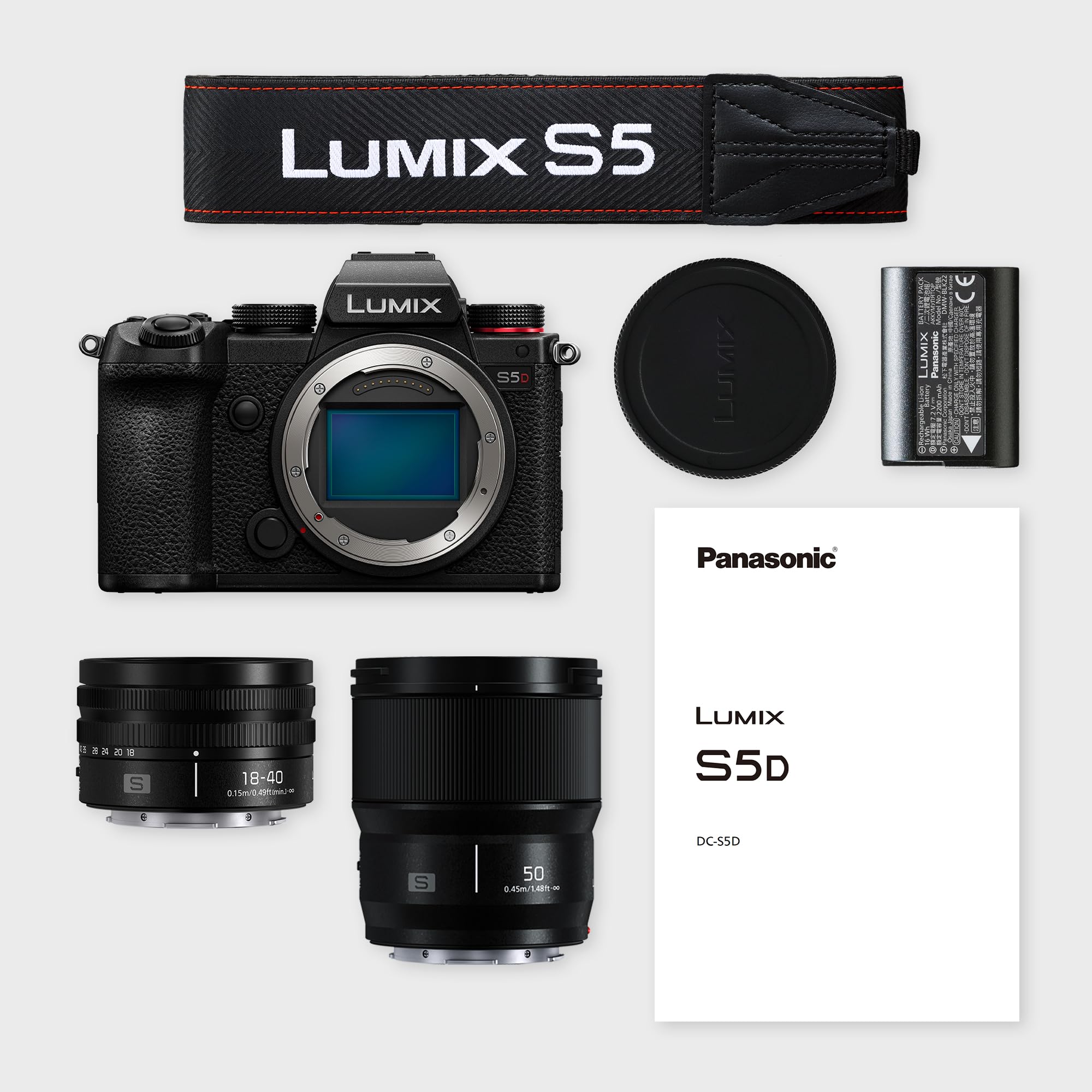 Panasonic DC-S5DWE-K Lumix S5D Full Frame Mirrorless Camera Body, 24.2MP, 4K 60P Recording, Live View Finder, Free Angle Monitor, Wi-Fi, Bluetooth, with S-R1840E 18-40mm & S-S50ME 50mm Lenses, Black